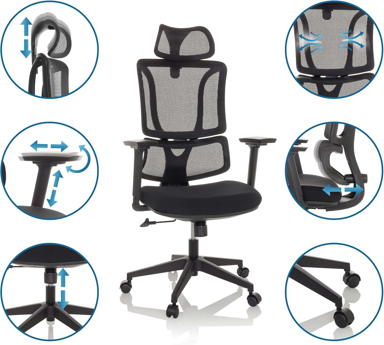 Ergomy Ergonomischer Bürostuhl mit Lordosenstütze, Kopfstütze, Chefdrehstuhl mit Netzrückenlehne, Stoff, Schwarz – Bild 5