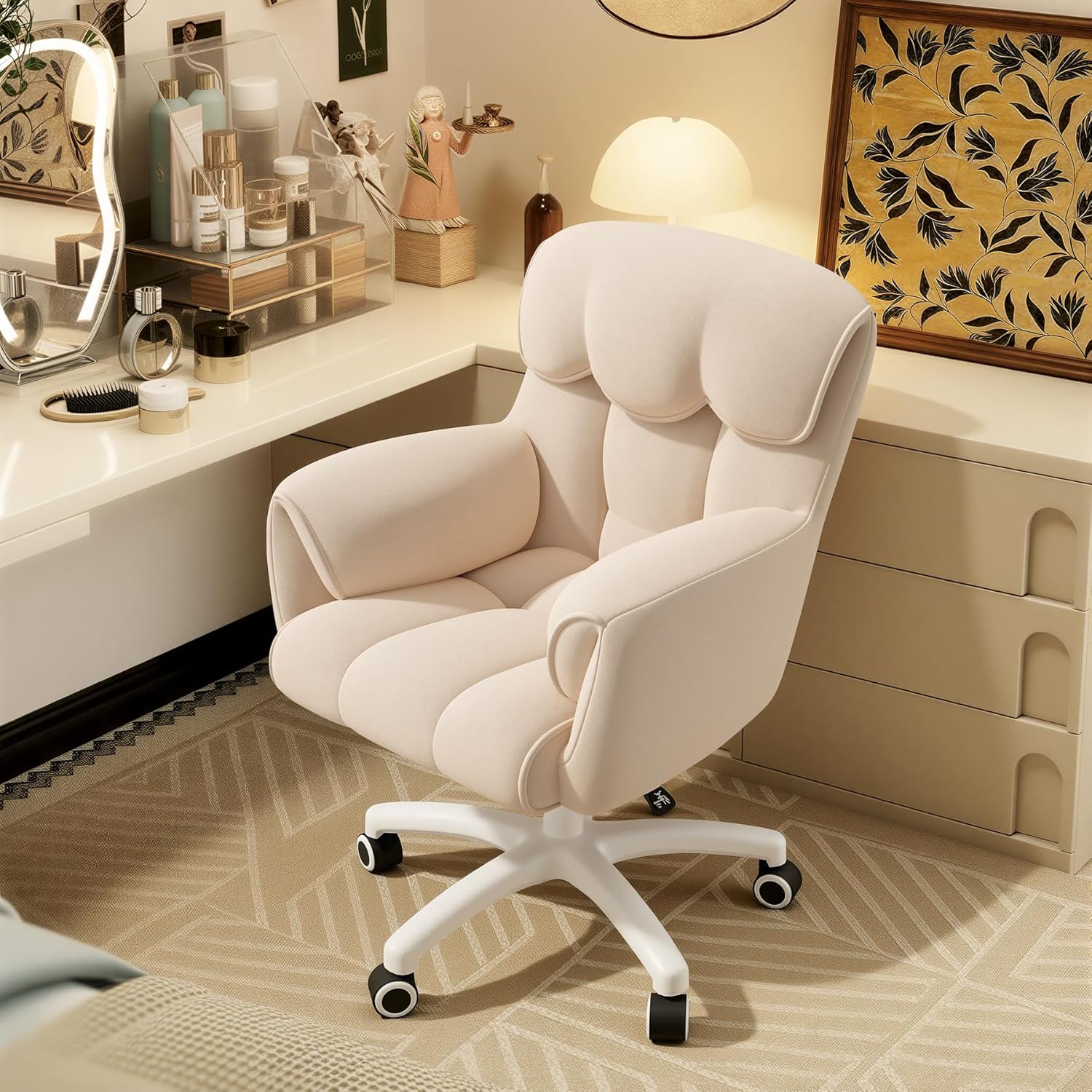 Ergonomischer Bürostuhl, höhenverstellbarer Schreibtischstuhl mit Armlehnen, 360° drehbar, Samtbezug, für Home Office und Büro, belastbar bis 150 kg, Beige – Bild 7
