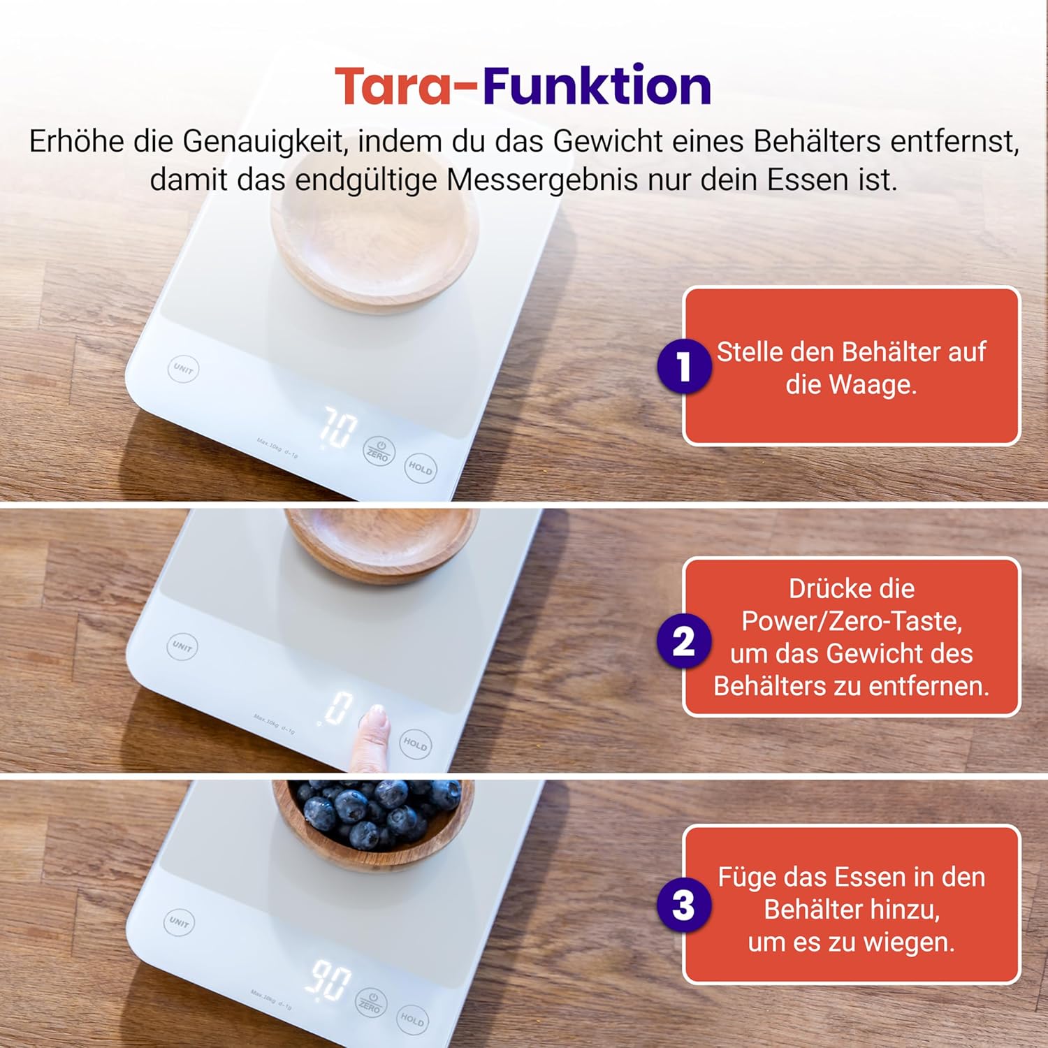 ETEKCITY Küchenwaage, Präzisionswaage 0,1 g genau, 10 kg digitale Küchenwaage mit großem LED-Display, wasserdichte Küchenwaage zum Abmessen von Flüssigkeiten, Tara-Funktion – 10 kg – 1 g – weißes Glas – Bild 5