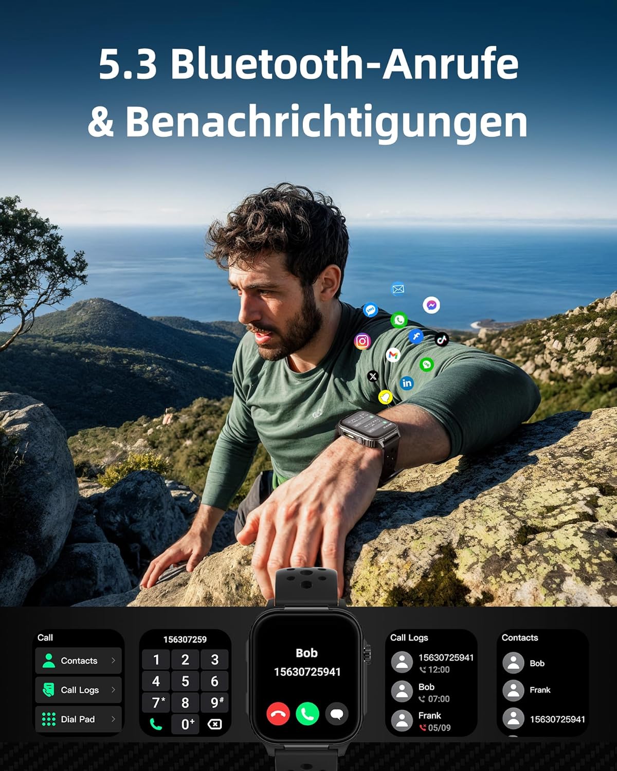 Parsonver Herren-Smartwatch mit integriertem GPS, 10 Tage Akkulaufzeit, Fitnessuhr mit Bluetooth-Anrufen, 100+ Sportmodi, Herzfrequenz, Schlaf, 400+ Zifferblätter, Kompass, (Schwarz, 1,95 Zoll) – Bild 3