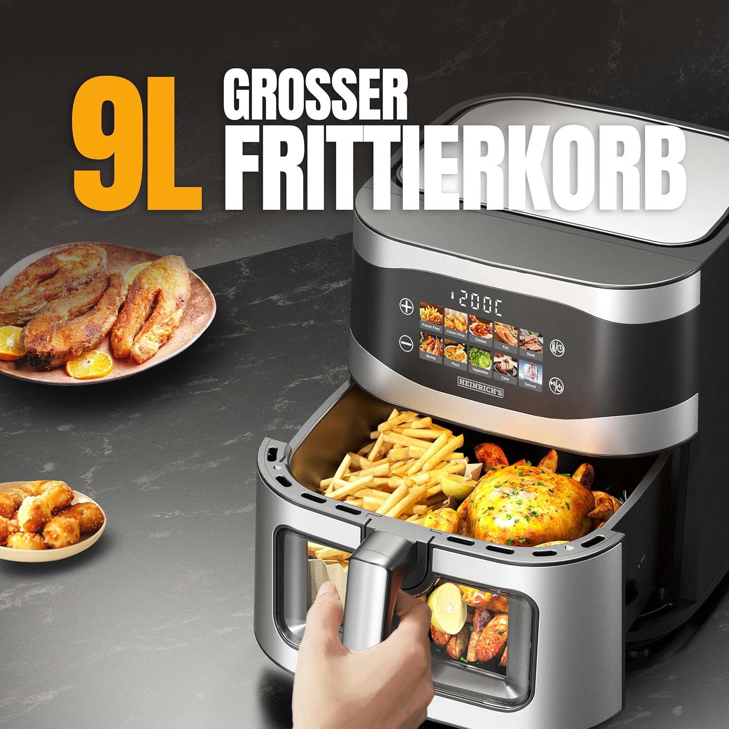 HEINRICHS Heißluftfritteuse, 9 Liter XXL-Luftfritteuse, 10-in-1-Heißluftfritteuse, LED-Display mit Sensor-Touch-Steuerung, fettfreie Zubereitung, inklusive Timer, platzsparend, spülmaschinenfester Korb, 1800 W – Bild 6