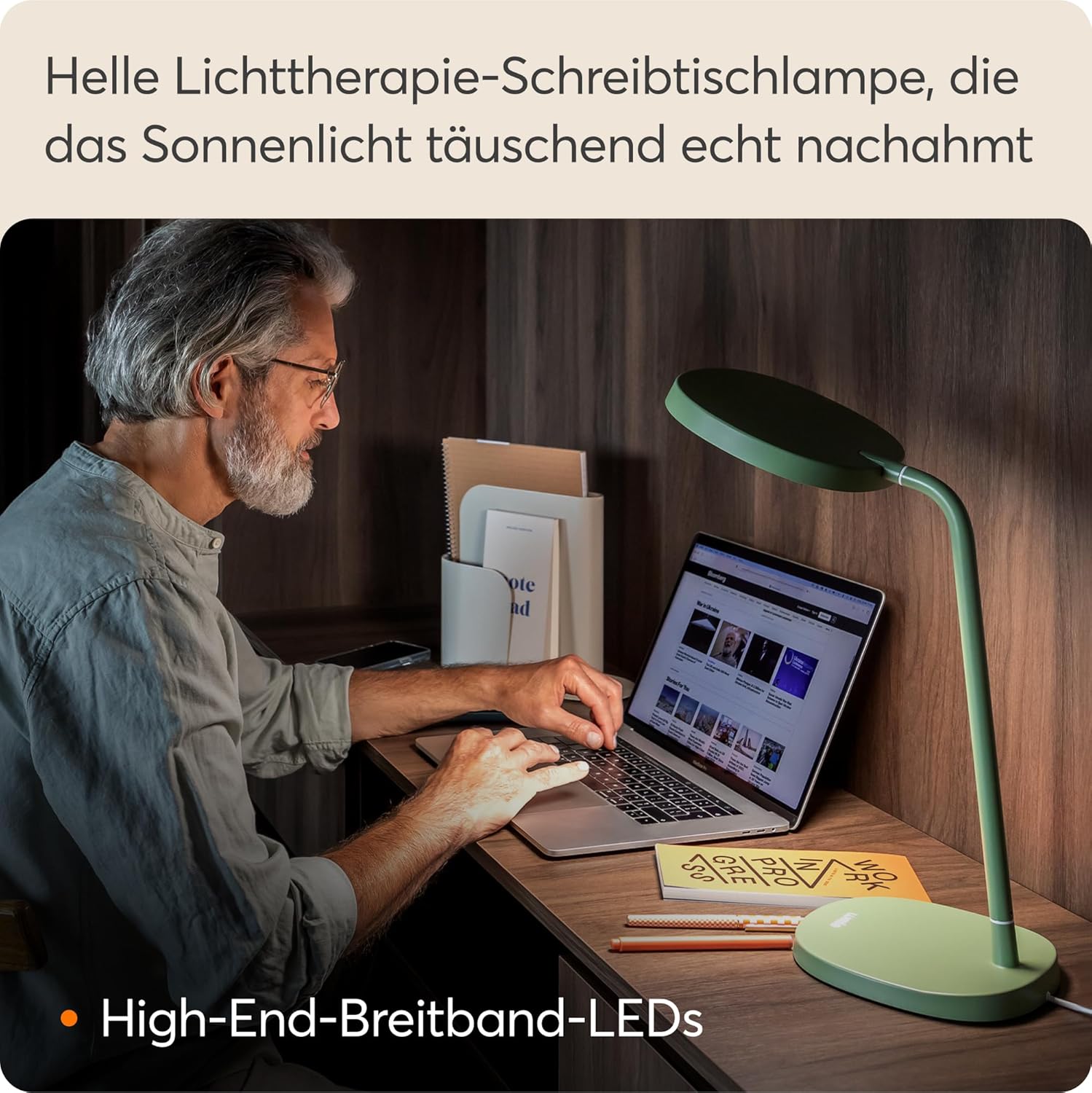 Lumie-Aufgabe | Hochregulierbare helle LED-Lichttherapie-Schreibtischlampe gegen Winterblues, kristallklare Beleuchtung, maximaler Sehkomfort, verbesserte Stimmung und Energie | Salbeigrün – Bild 5