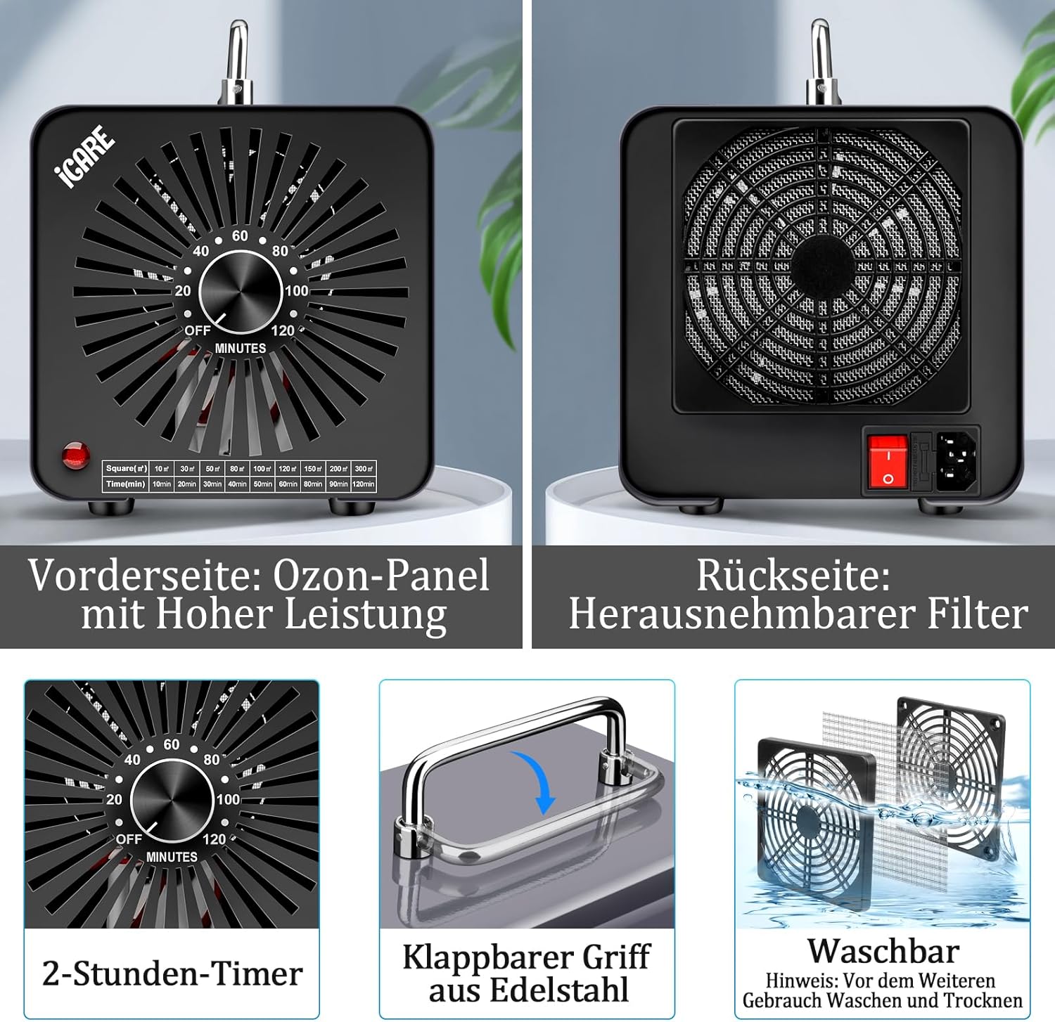 ICARE Ozongenerator 30.000 mg/h Ozongerät, Ozonisator Industrieller O3-Ozon-Luftreiniger mit 120-Min-Timer für 300㎡ Geruchsbeseitiger Geruchsneutralisator für Auto-, Rauch-, Haustiergerüche, Küchengerüche – Bild 6