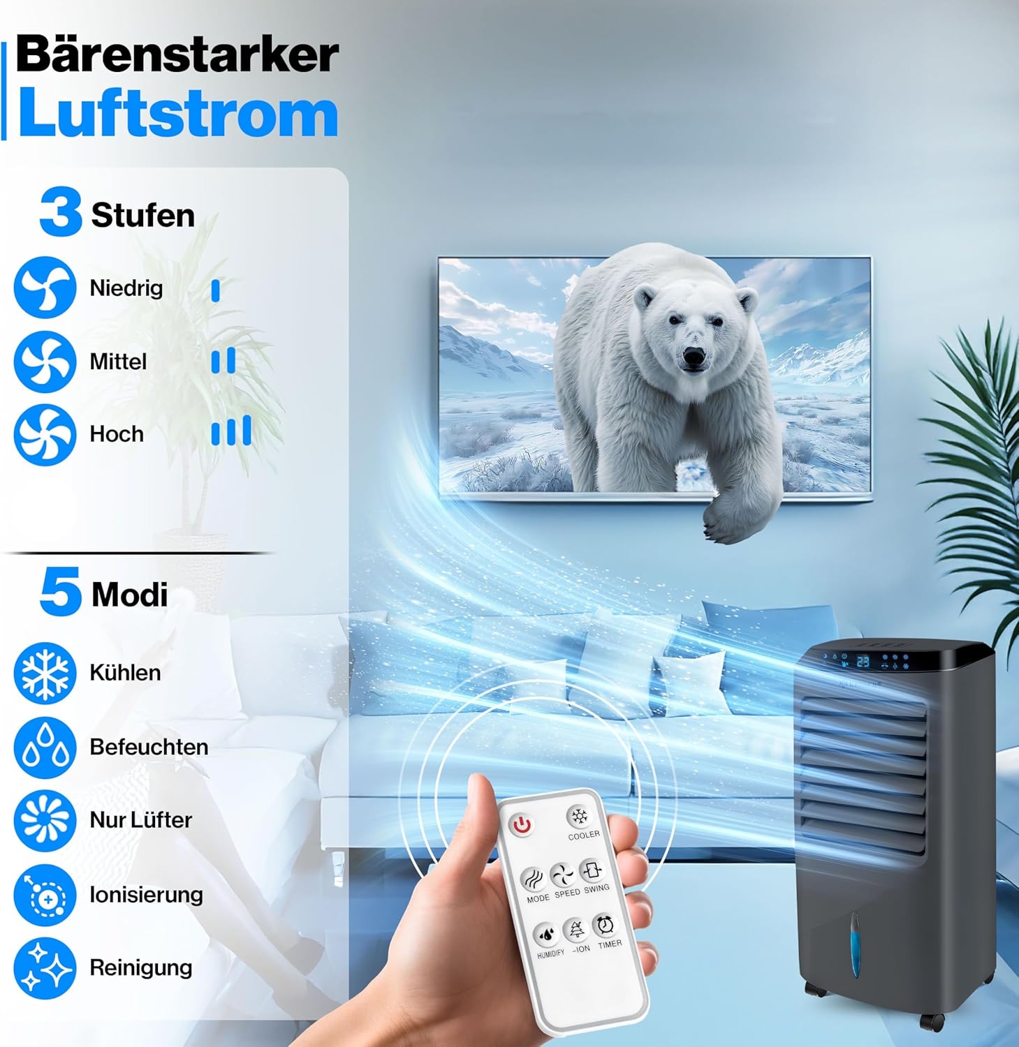 KESSER® Mobile Klimaanlage 4in1 Luftkühler – Air Cooler mit Fernbedienung & Timer, 10L Wassertank, Ionisator & Luftbefeuchter, Ventilator Klimagerät ohne Abluftschlauch, 3 Stufen inkl. Kühlakkus – Bild 6