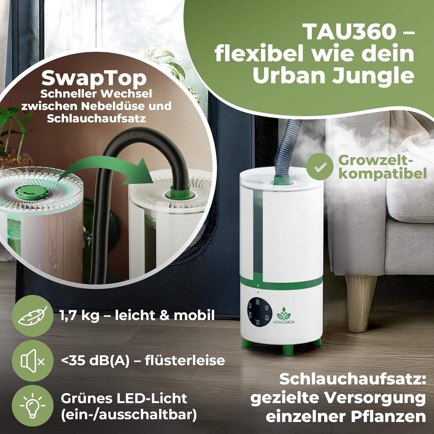 WOHLGRÜN TAU360 Luftbefeuchter 5L – Ultraschall-Luftbefeuchter für Pflanzen & Schlafzimmer, leiser Raumbefeuchter, Hygrometer-Sensor, Wachstumszelt, bis zu 30 m² – Bild 2