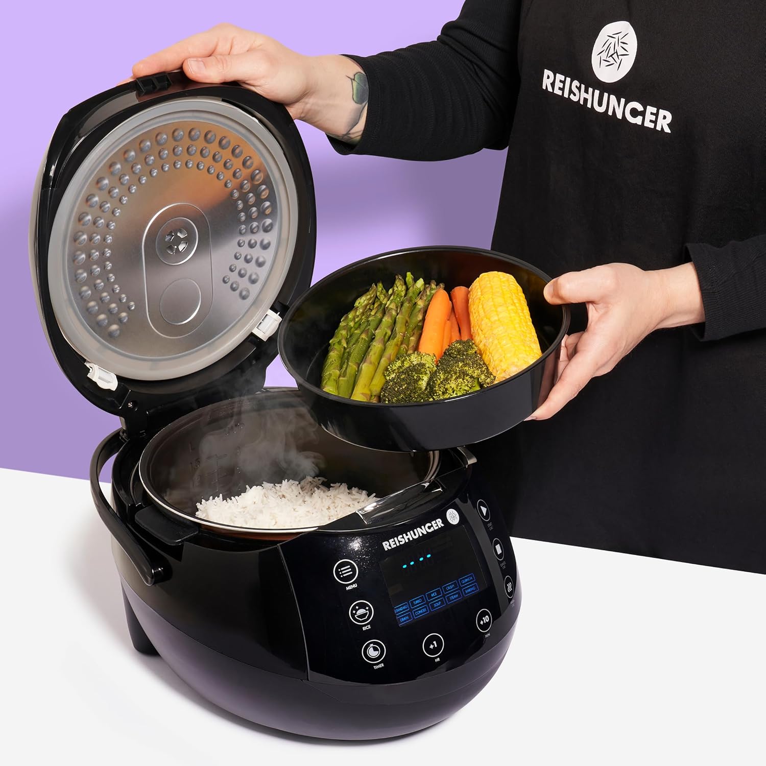 REISHUNGER Digitaler Reiskocher und Dampfgarer Schwarz | 1,5 Liter für 8 Personen | Warmhaltefunktion, Timer und Premium-Innentopf | Multikocher, 12 Programme, 7-Phasen-Technologie – Bild 3