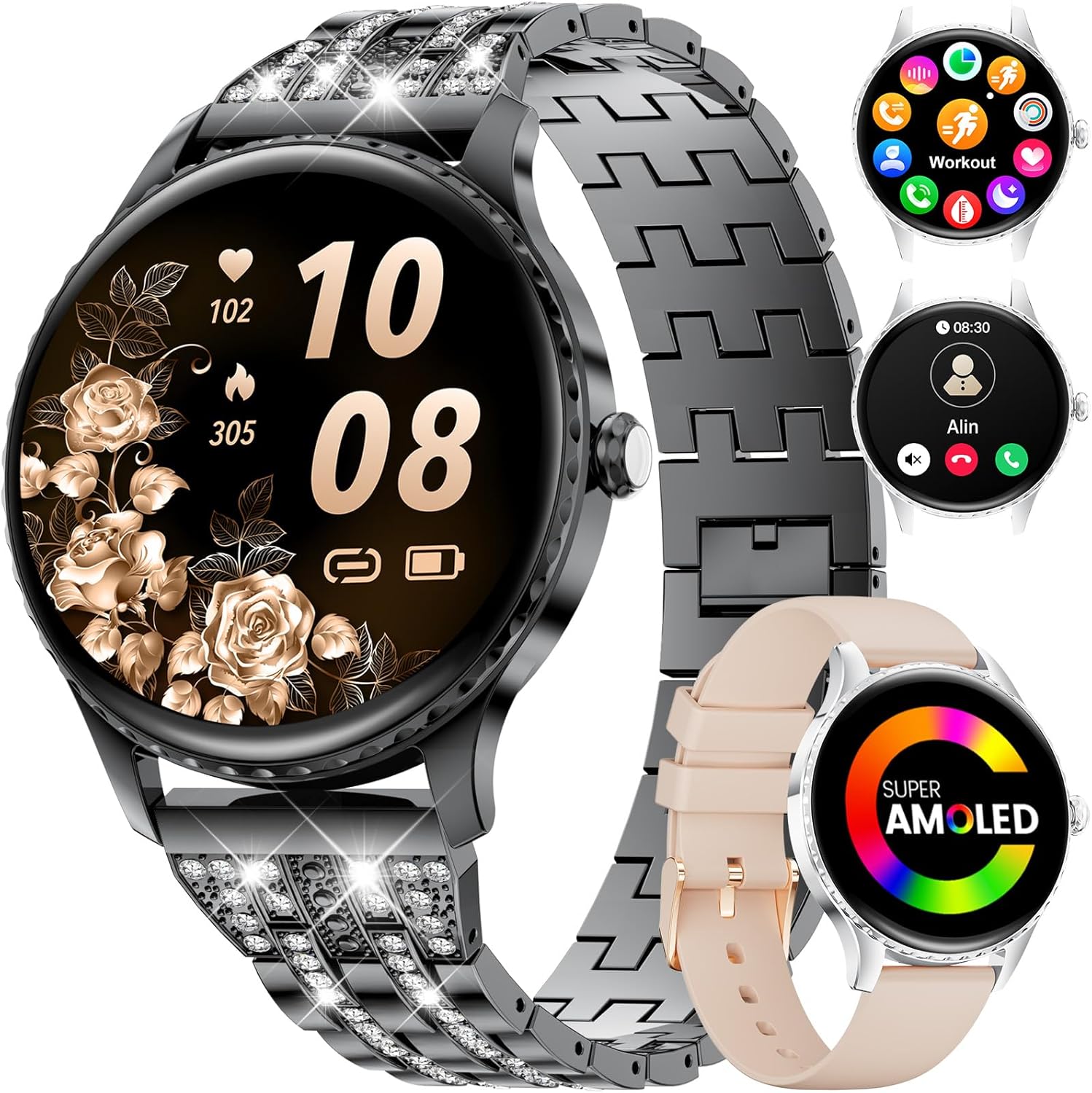 Damen-Smartwatch – luxuriöses Metallarmband mit Strasssteinen/1,32 Zoll HD AMOLED-Display/270+ Zifferblätter, Fitnessuhr mit über 110 Sportmodi, Schlaf-Tracking, Telefonfunktion, Uhr für iOS Android