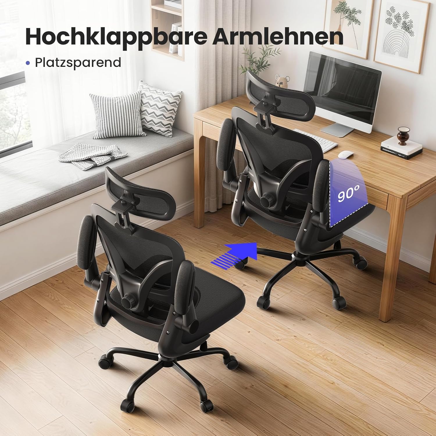 naspaluro Ergonomischer Bürostuhl mit dynamischer Lordosenstütze, Schreibtischstuhl mit 3D-Kopfstütze, klappbaren Armlehnen, atmungsaktivem Netzbezug, 360°-Drehstuhl für das Home Office, Schwarz – Bild 7
