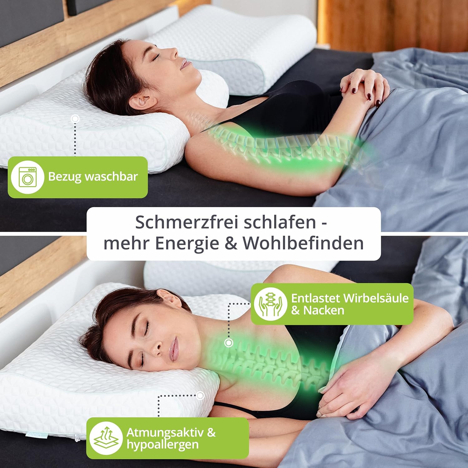 Feela. Orthopädisches Kissen/Schlafkissen (3 Härtegrade) – Lindert Nacken- und Schulterschmerzen, erhöht den Schlafkomfort und entlastet die Halswirbelsäule – Seitenschläferkissen 60 x 40 cm (mittelfest) – Bild 2