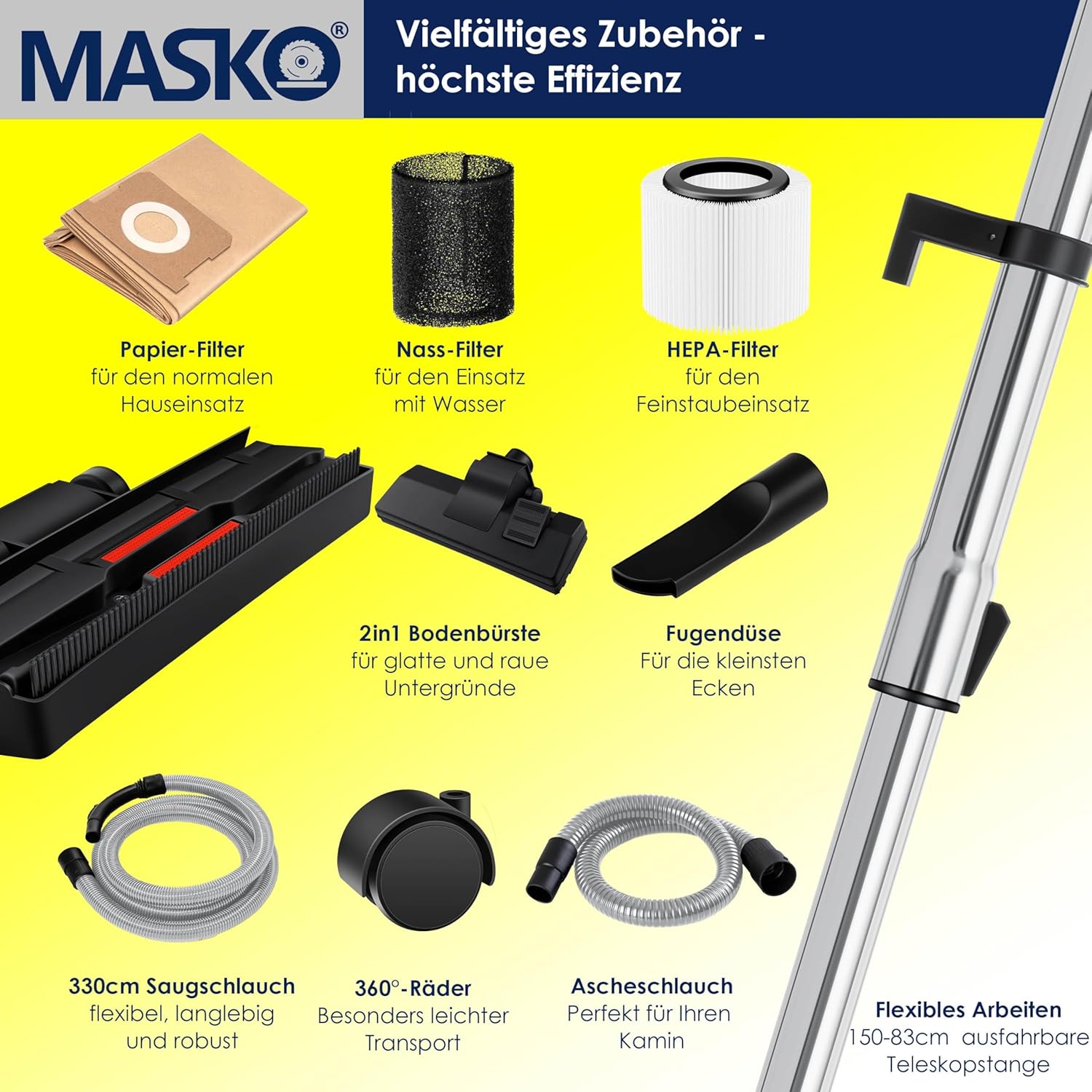 Masko® 6in1 Industriestaubsauger Nass-Trocken-Aschesauger 2300W + Steckdose. Blasfunktion. Trocken- und Nasssaugen – Industriestaubsauger mit und ohne Beutel – beutellos., gelb – Bild 9