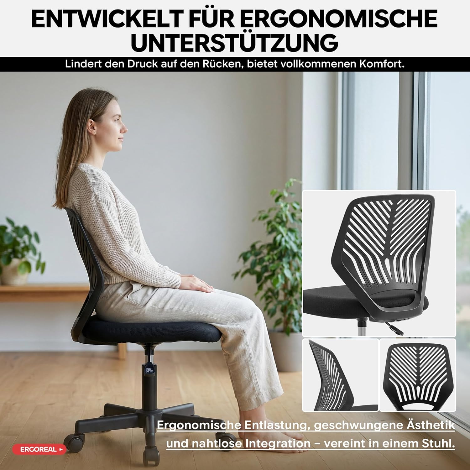 Ergonomischer Bürostuhl ohne Armlehne, Bürostuhl mit Rollen und Höhenverstellung, gemütlicher Bürostuhl mit ergonomischer Rückenlehne, Heimbüro/Arbeitszimmer/Arbeitszimmer (Tiefschwarz) – Bild 4