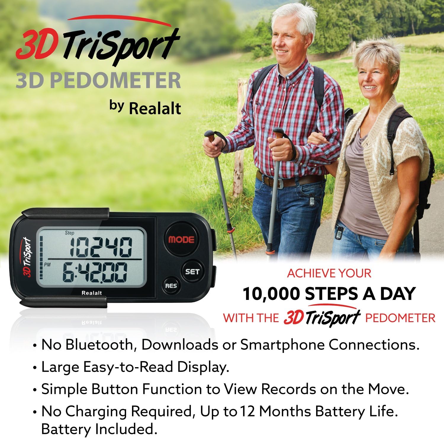 Realalt 3DTriSport 3D-Schrittzähler. Präziser Schrittzähler mit Clip und Riemen – Bild 6