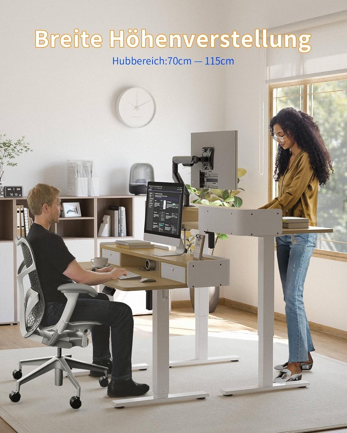 YIHAYO Höhenverstellbarer Schreibtisch mit Schubladen und Monitorständer, 140 x 60 cm, elektrischer Schreibtisch, Stehpult mit Memory-Funktion, Natur – Bild 2