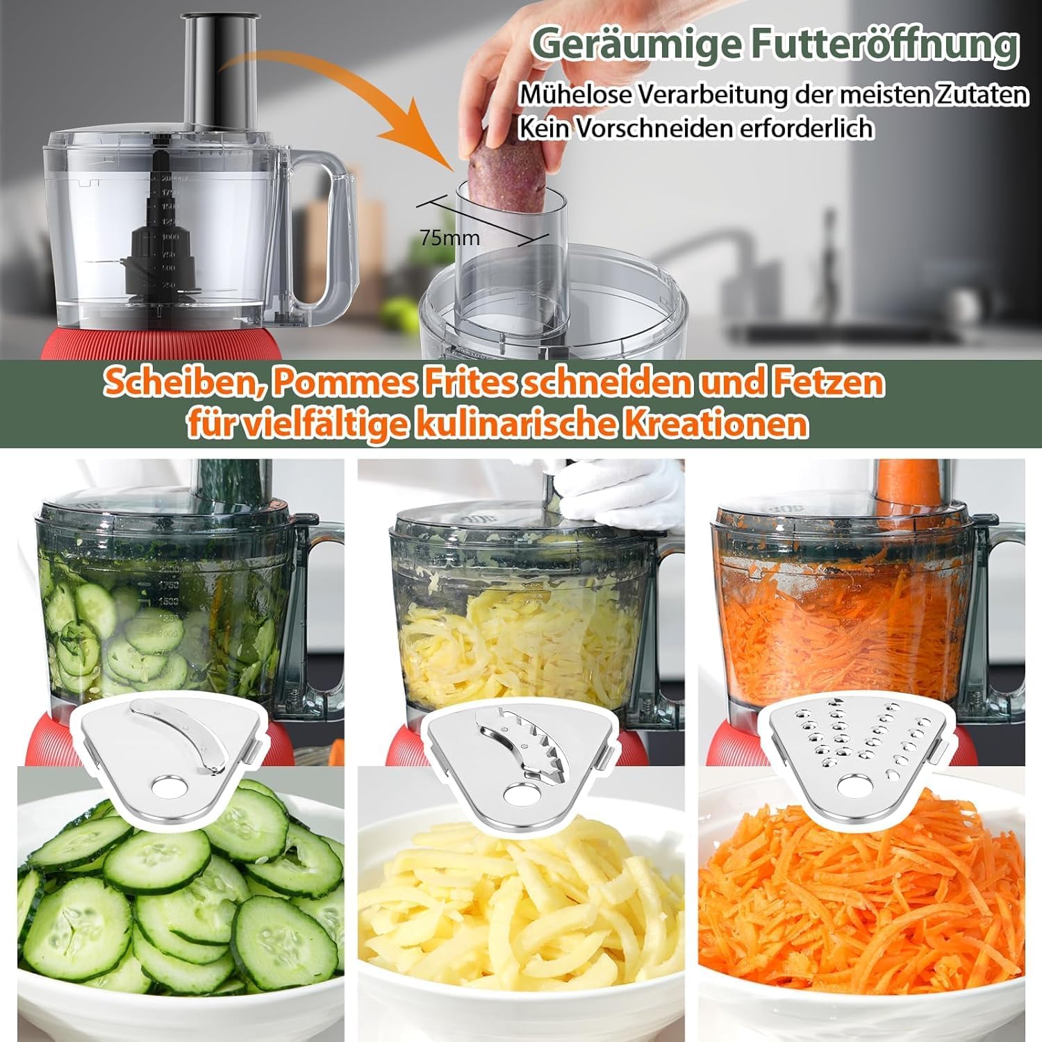 1500 W Küchenmaschine und Mixer-Kombination, 2,5 l Zerkleinerer für Fleisch, Gemüse und Teig, 2 l Standmixer mit Glasbehälter, 2 Geschwindigkeitsstufen und Pulse-Funktion für Smoothies, Saft usw. – Bild 9