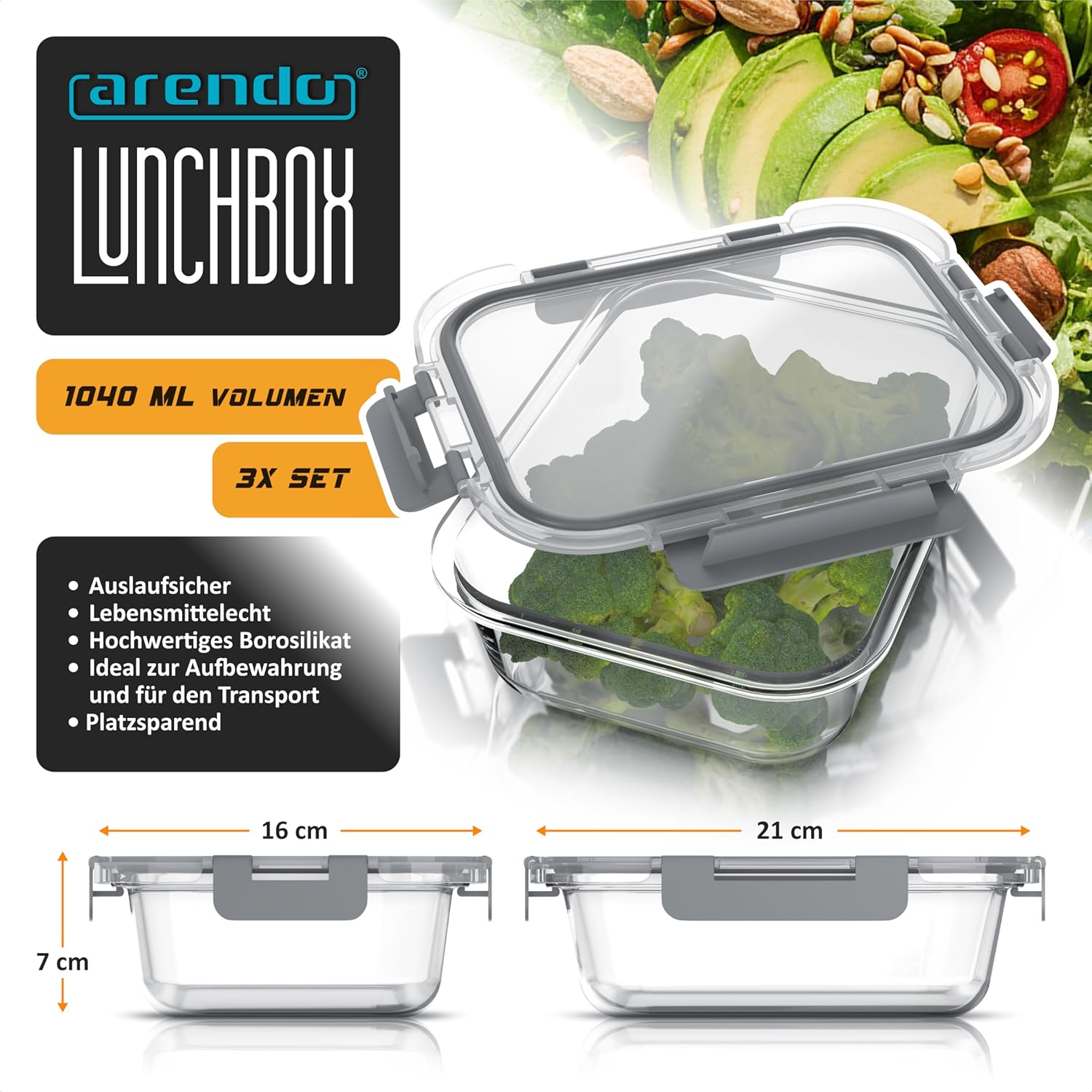 Arendo – Lunchboxen aus Glas – Frischhaltedosen mit luftdichtem Deckel – 3er-Set – 1000 ml – für Mikrowelle, Backofen, Gefrierschrank – spülmaschinenfest – Vorratsgläser, Meal-Prep-Boxen-Set – Bild 3