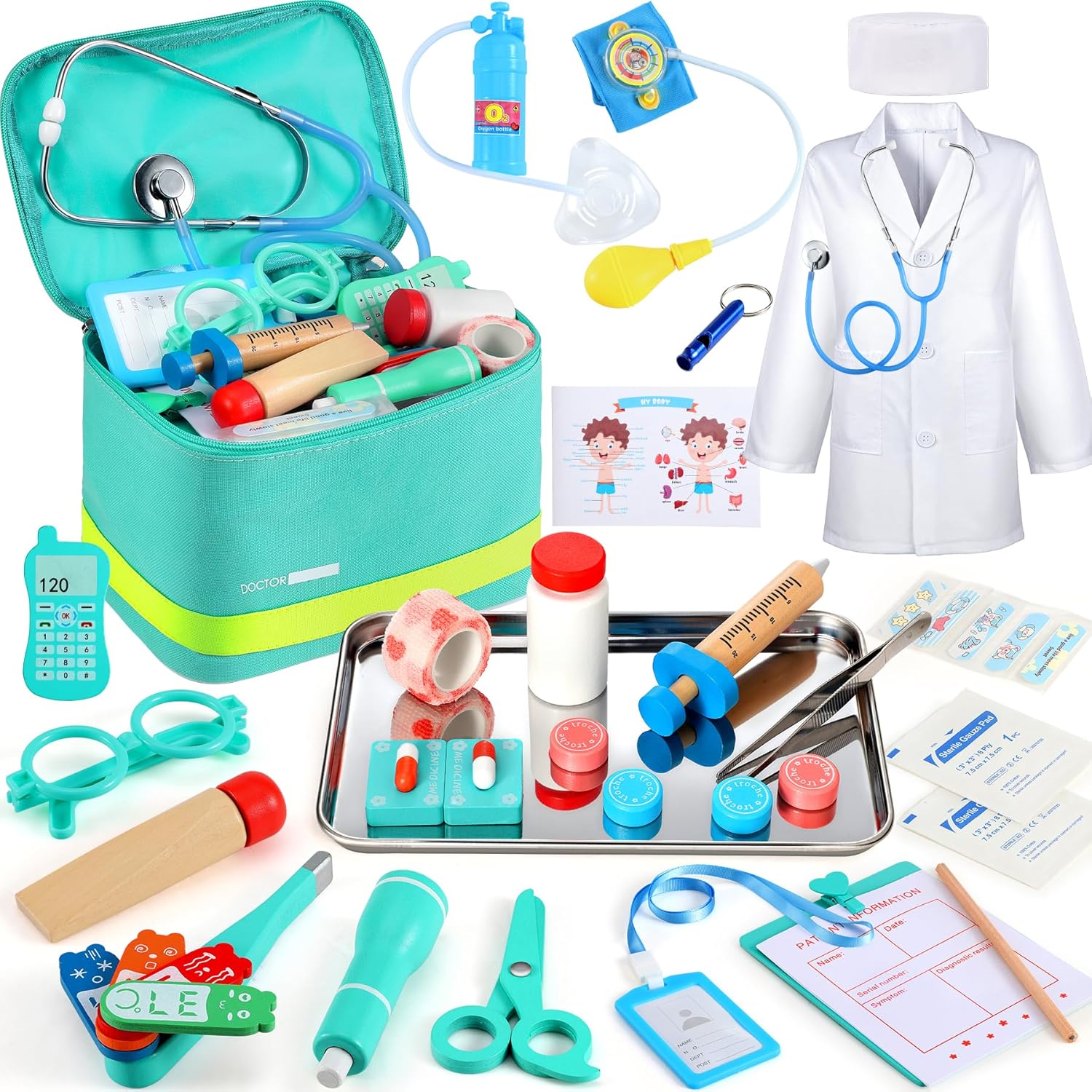 Arztkoffer Kinder ab 3 Jahren – 39-teiliges Holzspielzeug Arztkoffer mit echtem Stethoskop Rollenspiel Arztkittel Spielzeug 3 Jahre mit Thermometer Tragbare Tasche Geschenk für Kinder ab 3 4 5 6 Jahren