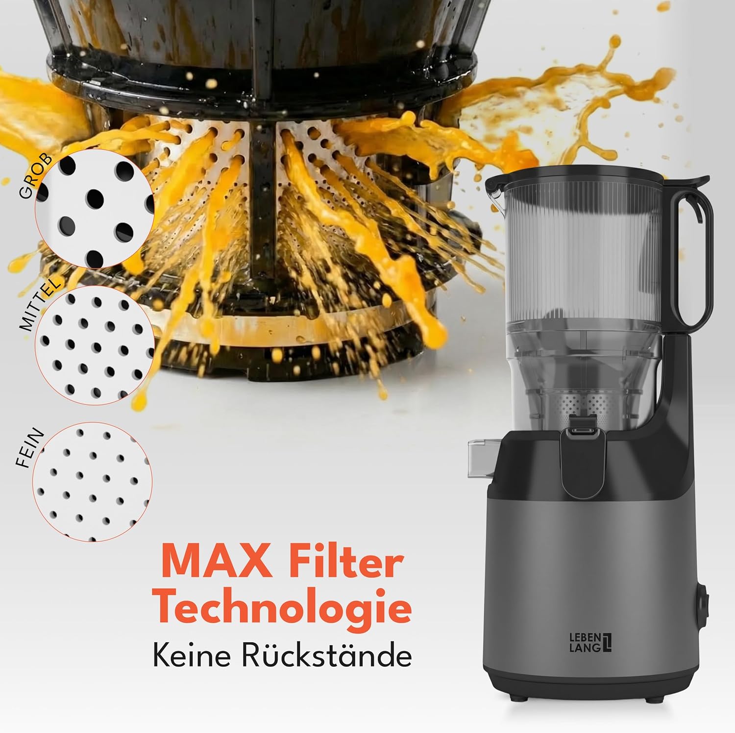 LEBENLANG Slow Juicer – inklusive Rezeptbuch & großer 135-mm-Öffnung I perfekt für Obst, ganze Früchte und Gemüse, 100 % BPA-frei I beste Entsafter-Maschine, Entsafter (grau) – Bild 4