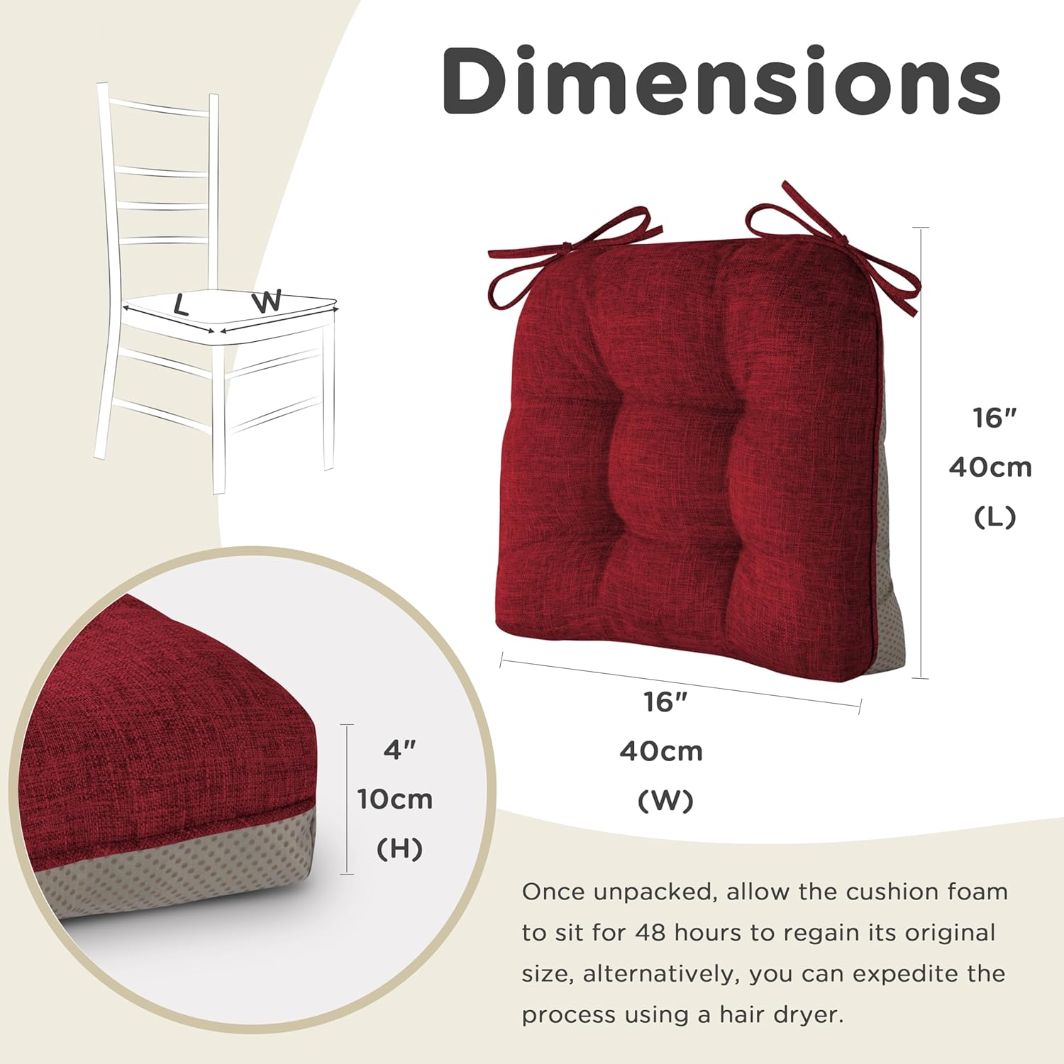 AddGrace 4er Set Sitzkissen 40 x 40 cm, weiche Stuhlkissen mit 10 cm, hochwertige Polsterung für Innenbereich, Küche oder Esszimmer, Rot – Bild 2