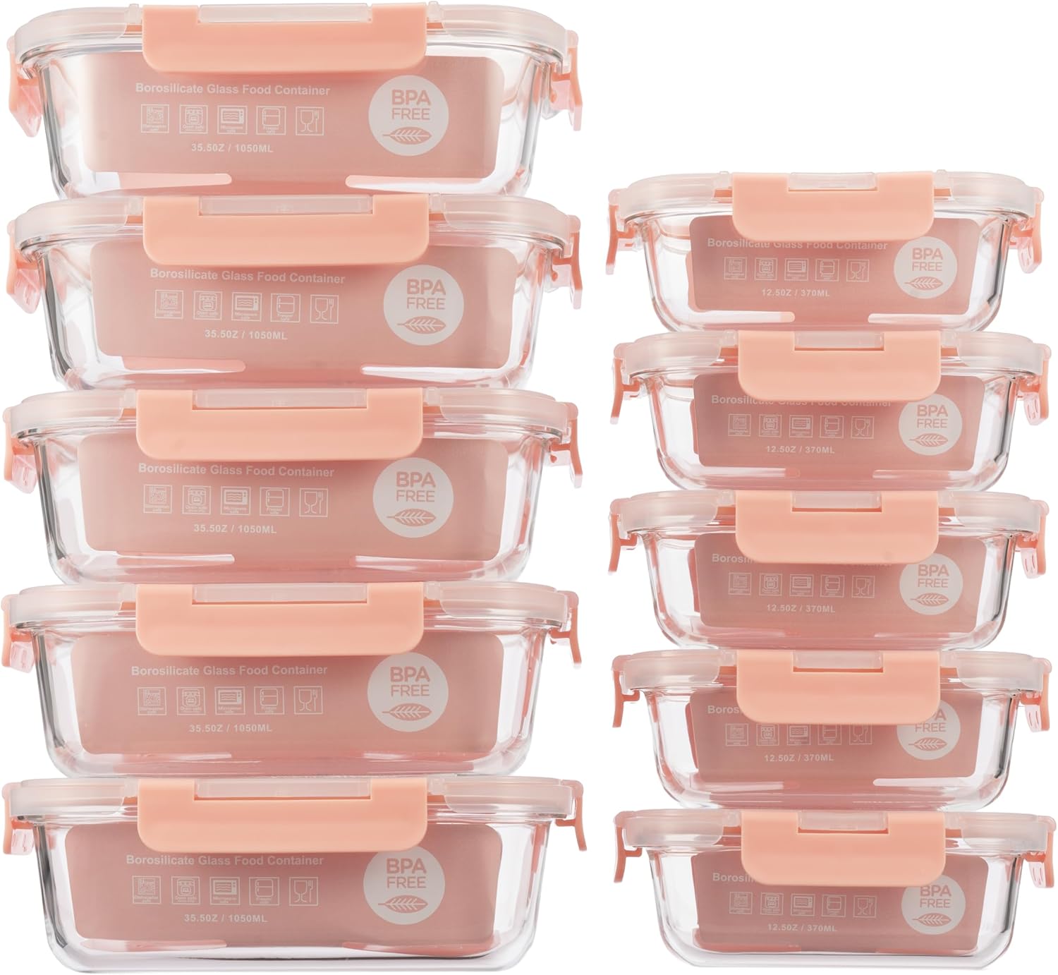 S SALIENT Frischhaltedosen-Set aus Glas, Lunchboxen, Meal-Prep-Boxen, mitgebrachte Lebensmittel, Glasbehälter mit Deckel, Aufbewahrungsbox, spülmaschinenfest, mikrowellen- und gefriergeeignet (5 x 1050 ml + 5 x 370 ml)