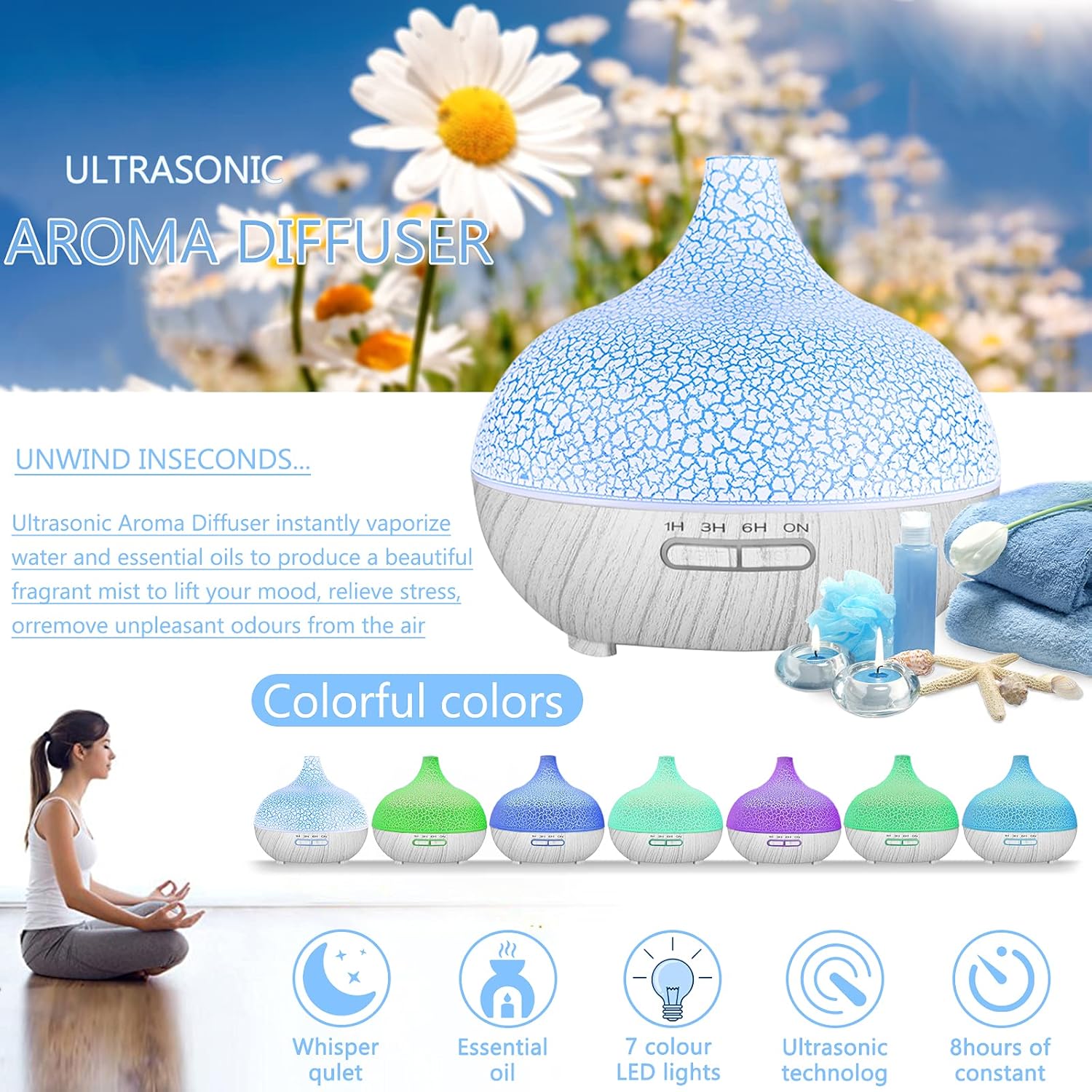 550 ml Aromadiffusor, ultraleiser Ultraschall-Luftbefeuchter, ätherische Öle, BPA-freier Aromatherapie-Luftbefeuchter für Schlafzimmer, Yoga, Spa, 7 Farben LED-Lichter (weiß) – Bild 6