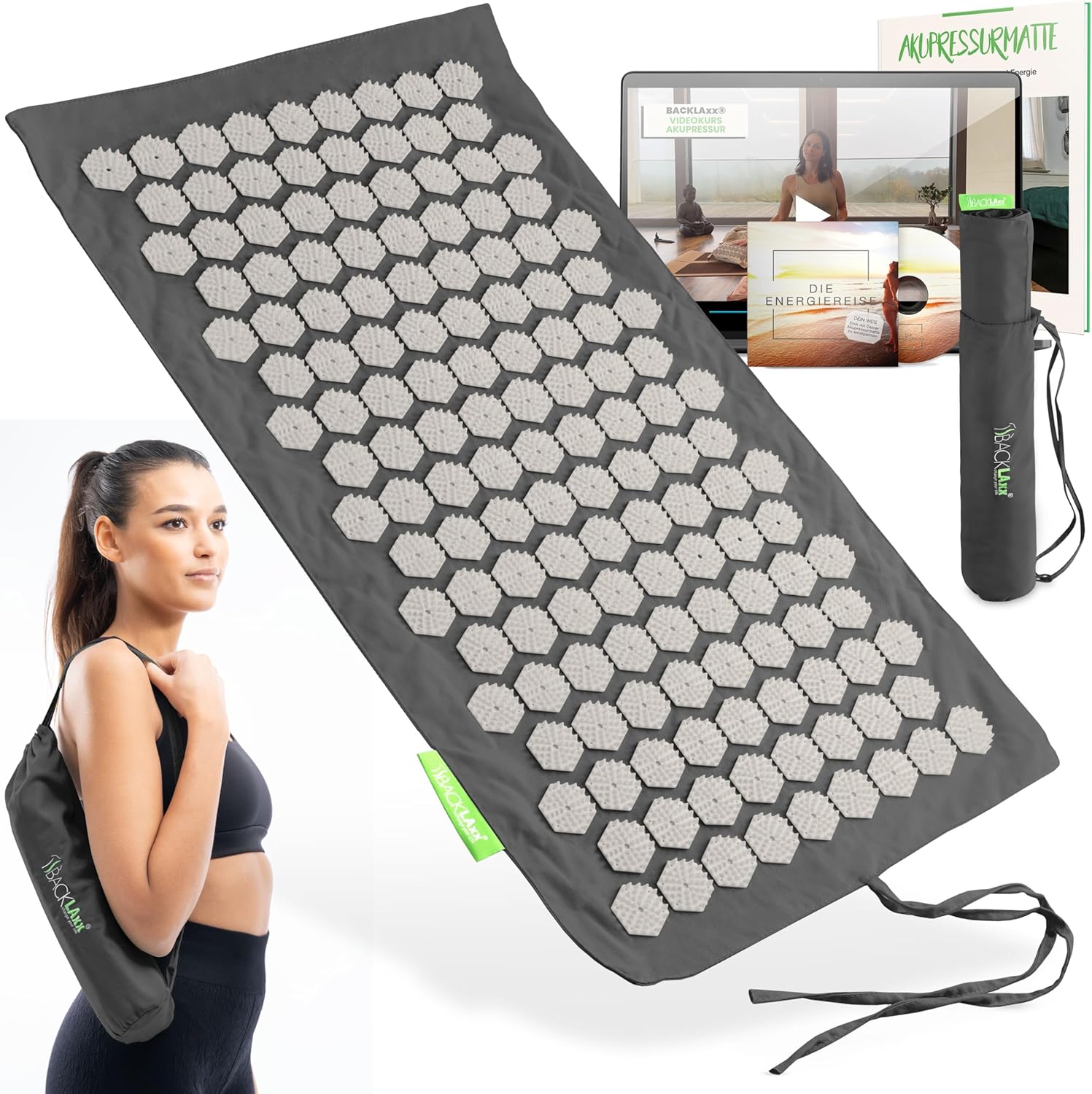 BACKLAXX Akupressurmatten-Set To-Go „Original“, passt ins Handgepäck und ist perfekt für unterwegs, Akupunkturmatte mit Spikes für Massage und Entspannung, Massagemattenrücken für Akupressur