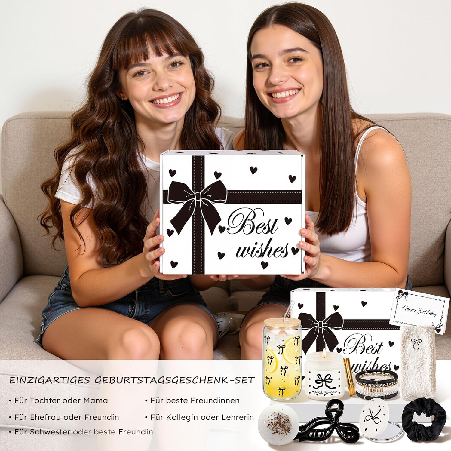 Giftota Elegantes Geburtstagsgeschenk für Frauen – Geschenkbox mit schwarzen Schleifen als exklusives Wellness-Geschenkset mit Duftkerze, Badebombe und stilvollen Beauty-Accessoires – Bild 7