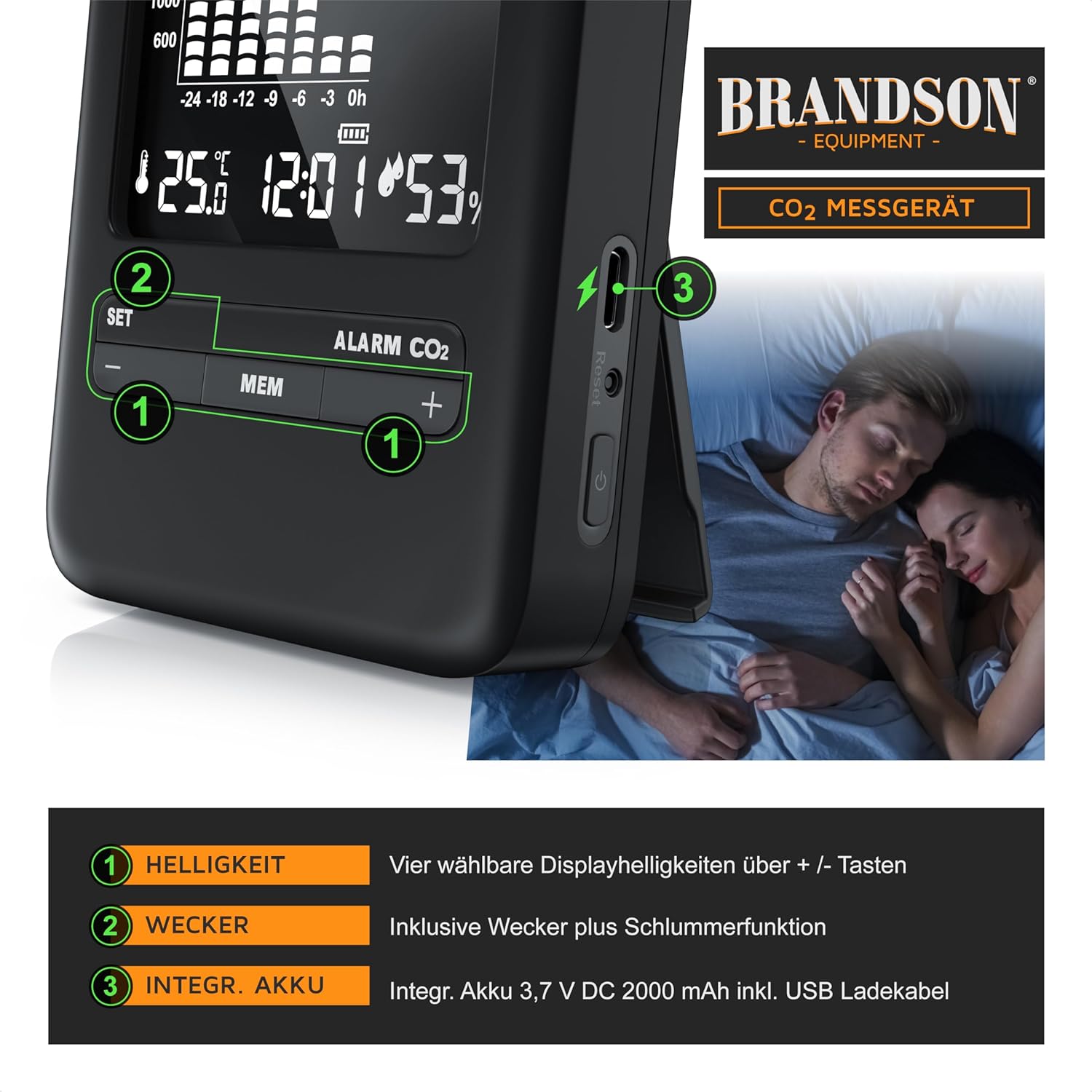 CSL – CO2-Detektor – CO2-Messgerät mit Thermometer-Hygrometer – Messgerät für die Luftqualität in Innenräumen, Kohlendioxid-Messung PPM – Batterie 2000 mAh – Schwarz – Bild 6