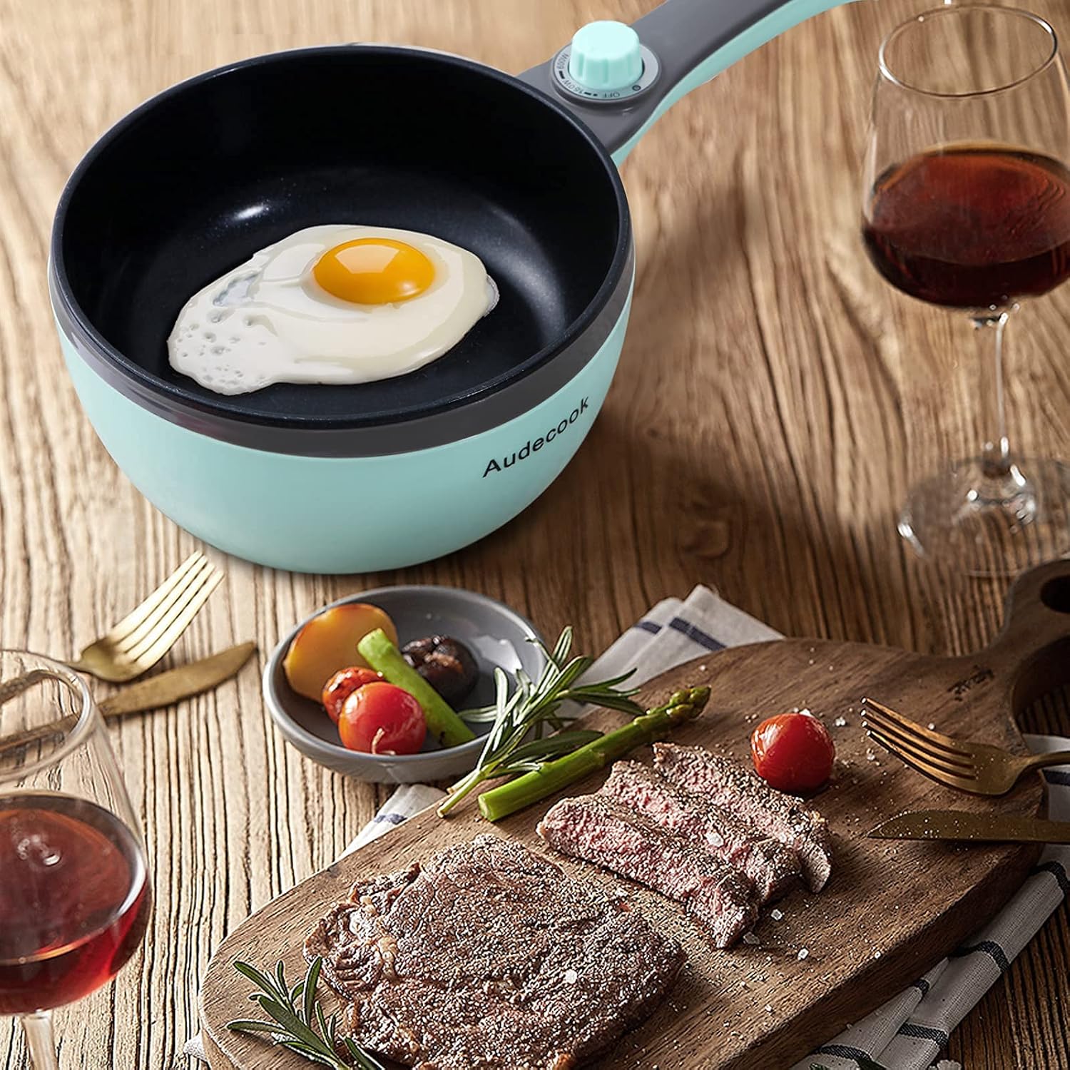 Audecook Elektrischer Hot Pot mit Dampfgarer, 1,5 l/20 cm elektrische Bratpfanne, Hotpot-Topf, antihaftbeschichtete Mini-Elektropfanne, Multikocher für Dorm Ramen, Steak (A (grün / 1,5 l mit Dampfgarer)) – Bild 3
