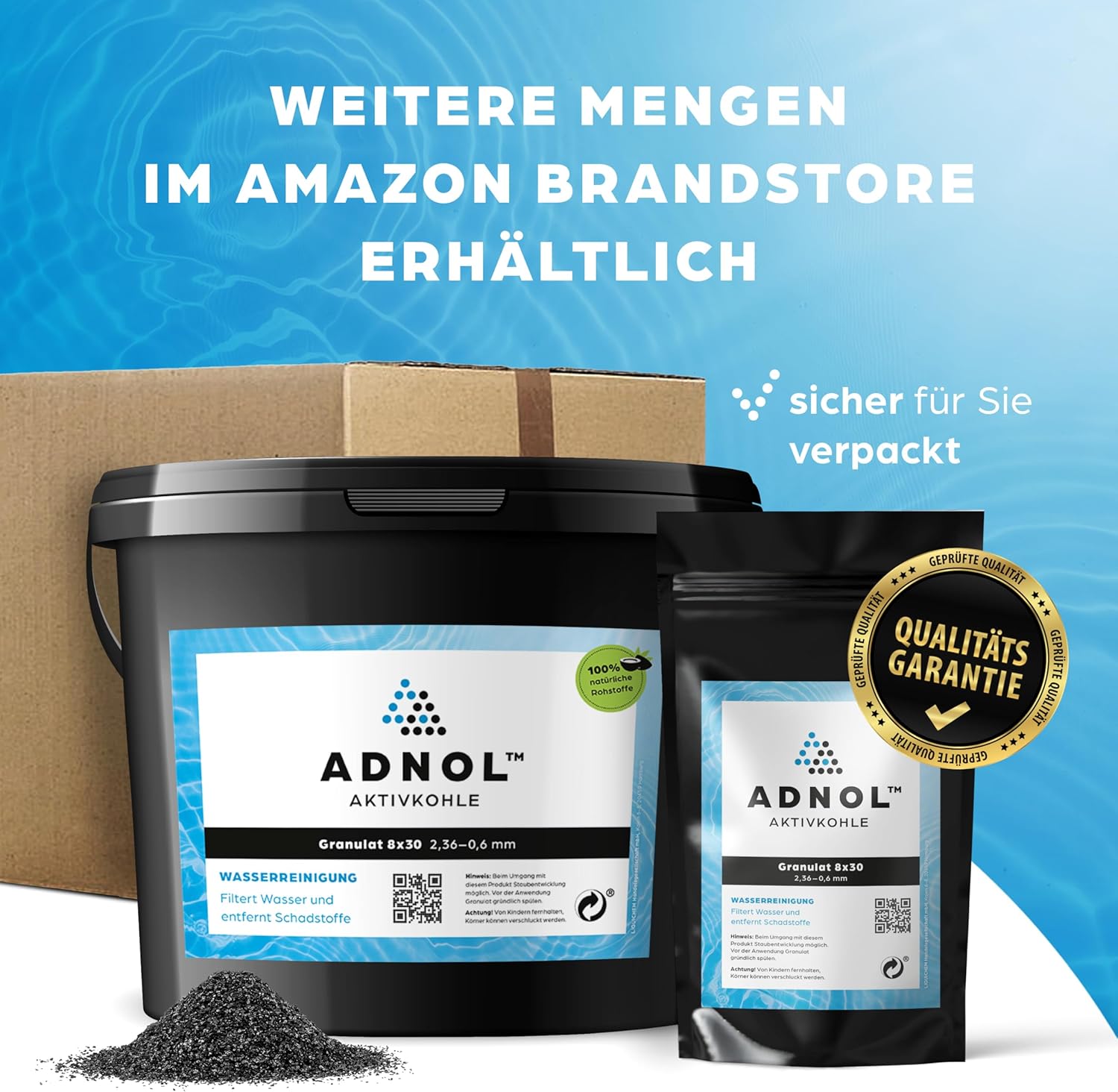 Aktivkohlegranulat 5 Liter aus Kokosnussschalen für Wasserfilter für Aquarium und Teich, Maschenweite 8 x 30, Körnung 2,36-0,6 mm, Energieklasse A, als Kohlefilter einsetzbar – Bild 8