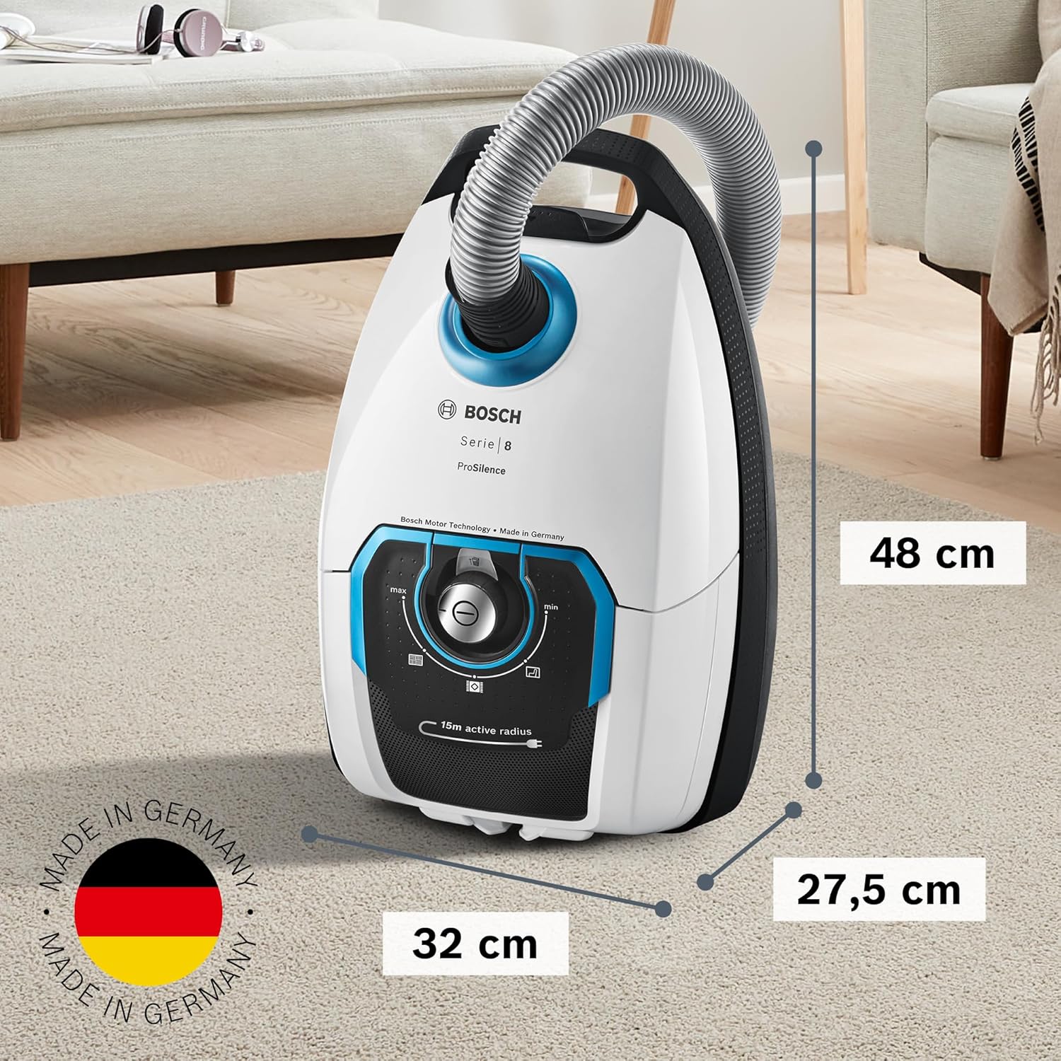 Bosch ProSilence Serie 8 BGB75XSIL Staubsauger mit Beutel, ideal für Allergiker, Hygienefilter, Hartbodendüse, langes Kabel, hergestellt in Deutschland, 650 W, weiß – Bild 2