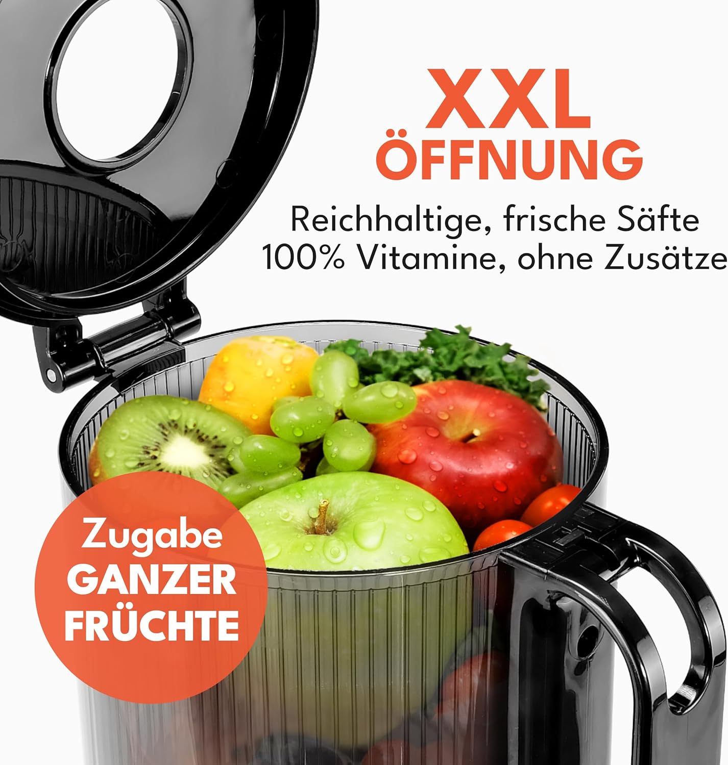 LEBENLANG Slow Juicer – inklusive Rezeptbuch & großer 135-mm-Öffnung I perfekt für Obst, ganze Früchte und Gemüse, 100 % BPA-frei I beste Entsafter-Maschine, Entsafter (grau) – Bild 2