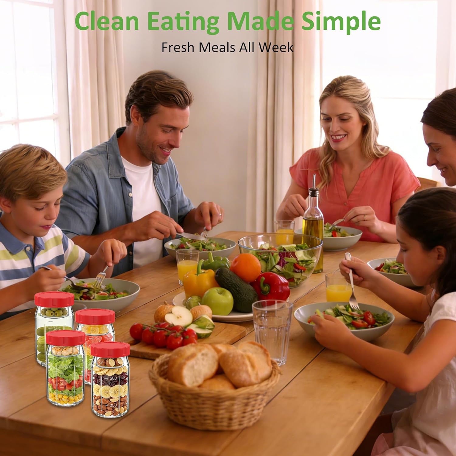 Meal-Prep-Gläser mit Deckel-Set, 4 x 950 ml Einmachgläser, auslaufsicherer/vertikal geschichteter Meal-Prep-Behälter, ideal zum Mitnehmen, Salate, Marmelade, Overnight Oats und Fertiggerichte, breit – Bild 7