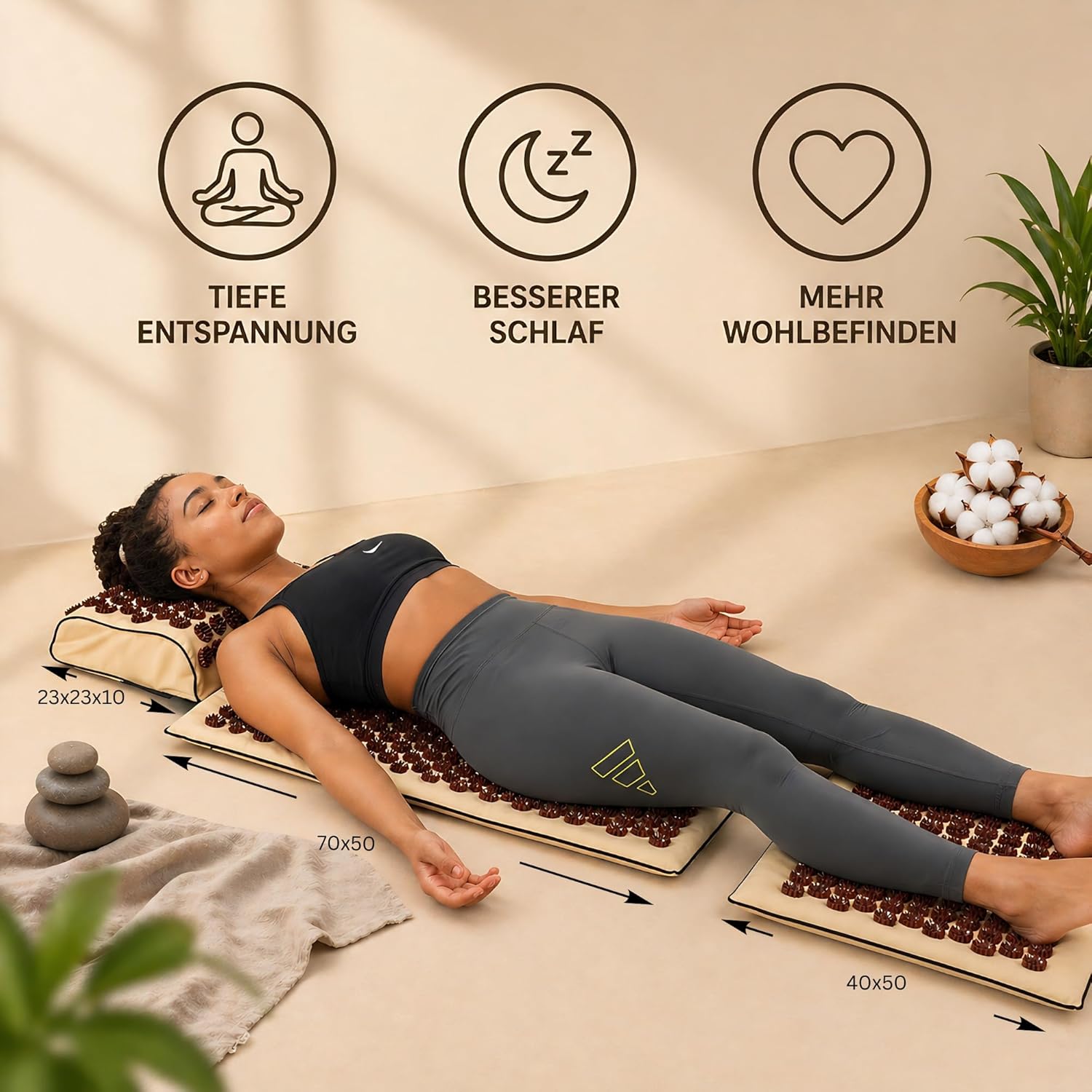 Akupressurmatte 6-in-1 Premium Set - Sandstone Edition | Rücken- und Nackenmassage gegen Stress und Verspannungen | Mit Kissen, zusätzlicher Matte, Massageball und Tasche – spüren Sie den Unterschied! – Bild 3