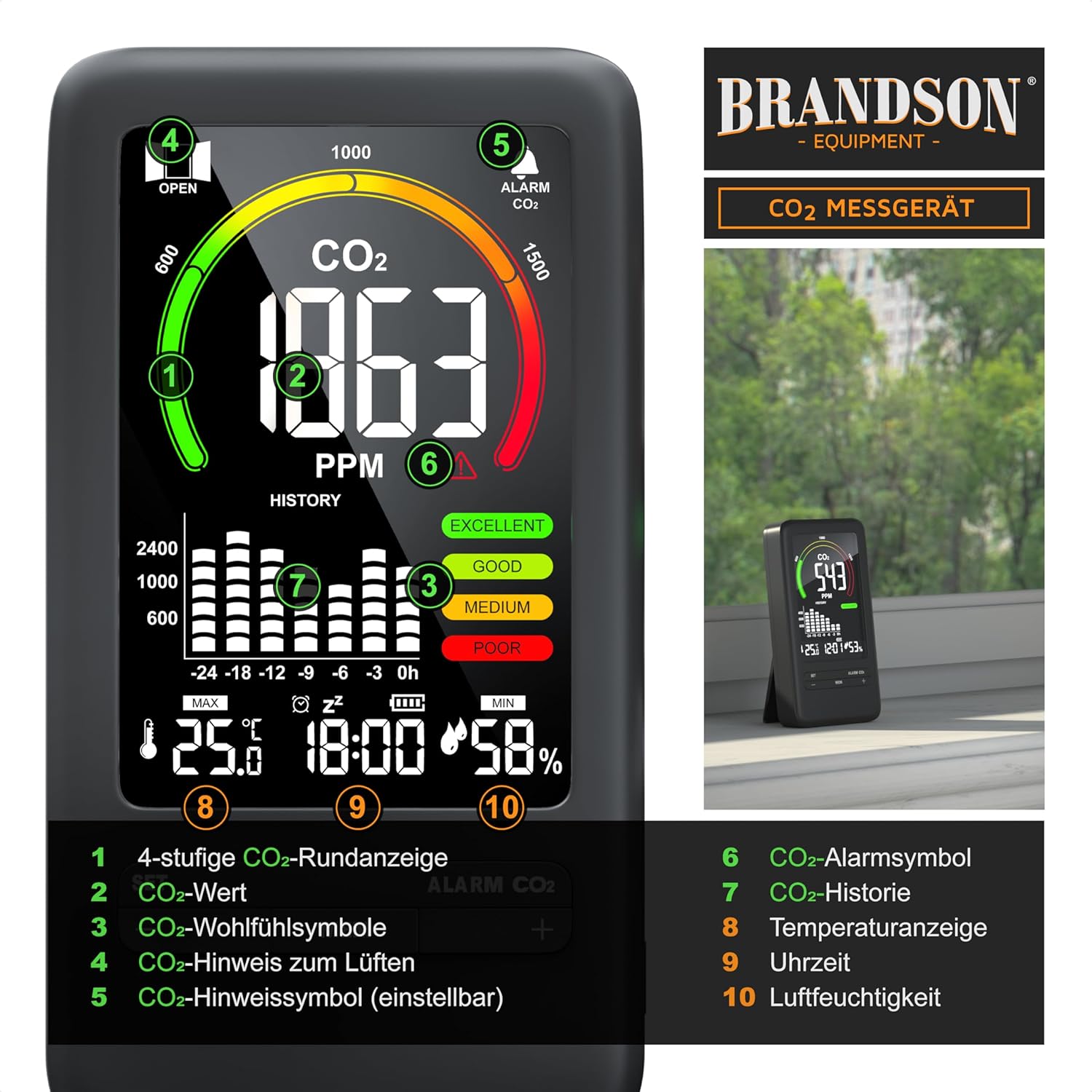 CSL – CO2-Detektor – CO2-Messgerät mit Thermometer-Hygrometer – Messgerät für die Luftqualität in Innenräumen, Kohlendioxid-Messung PPM – Batterie 2000 mAh – Schwarz – Bild 3