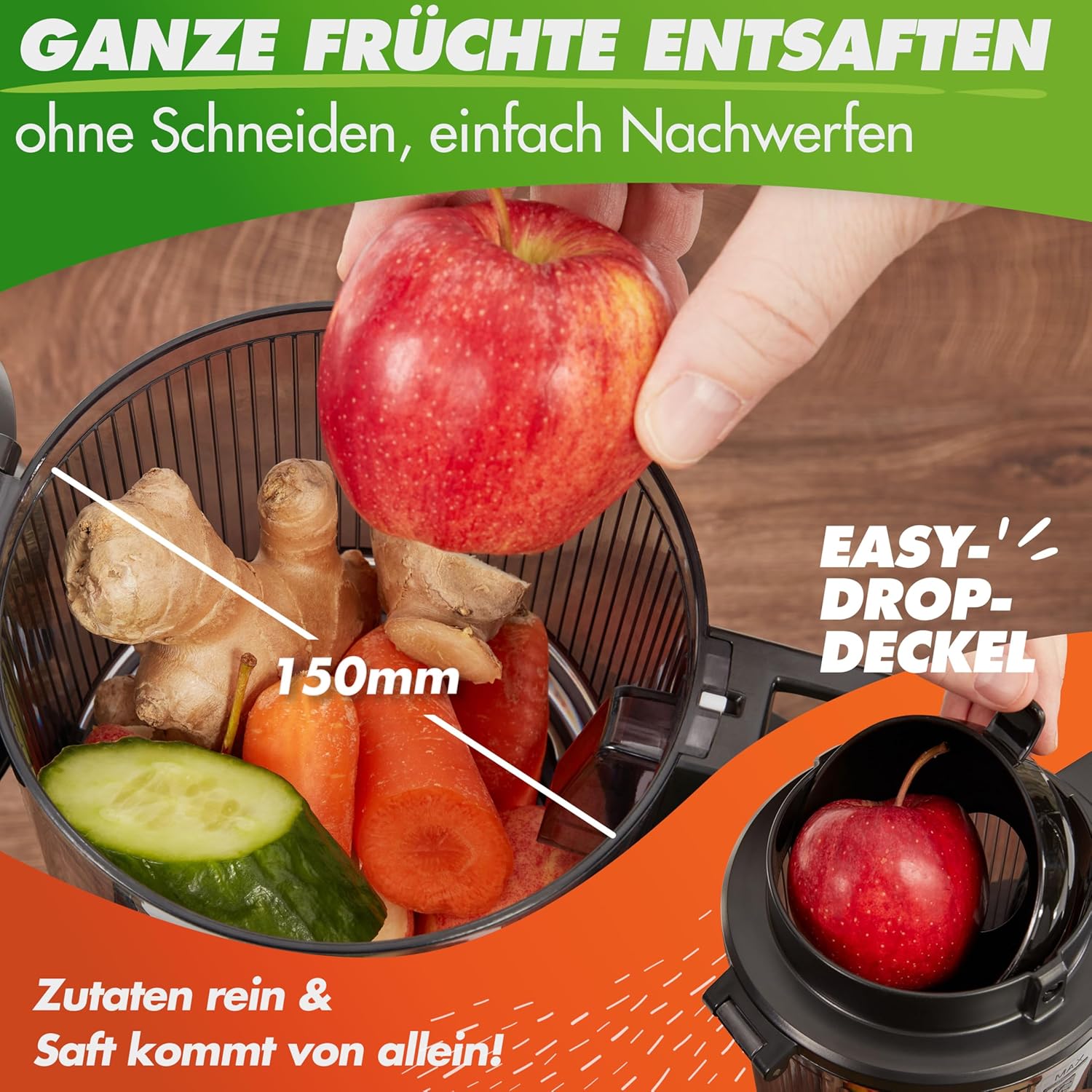 Nutrilovers Slow Juicer Nutri-Press Max Ganzfrucht-Entsafter mit XXL-150-mm-Öffnung, BPA-frei, inklusive Saftflasche, Slow-Juice-Rezeptbuch – Bild 4