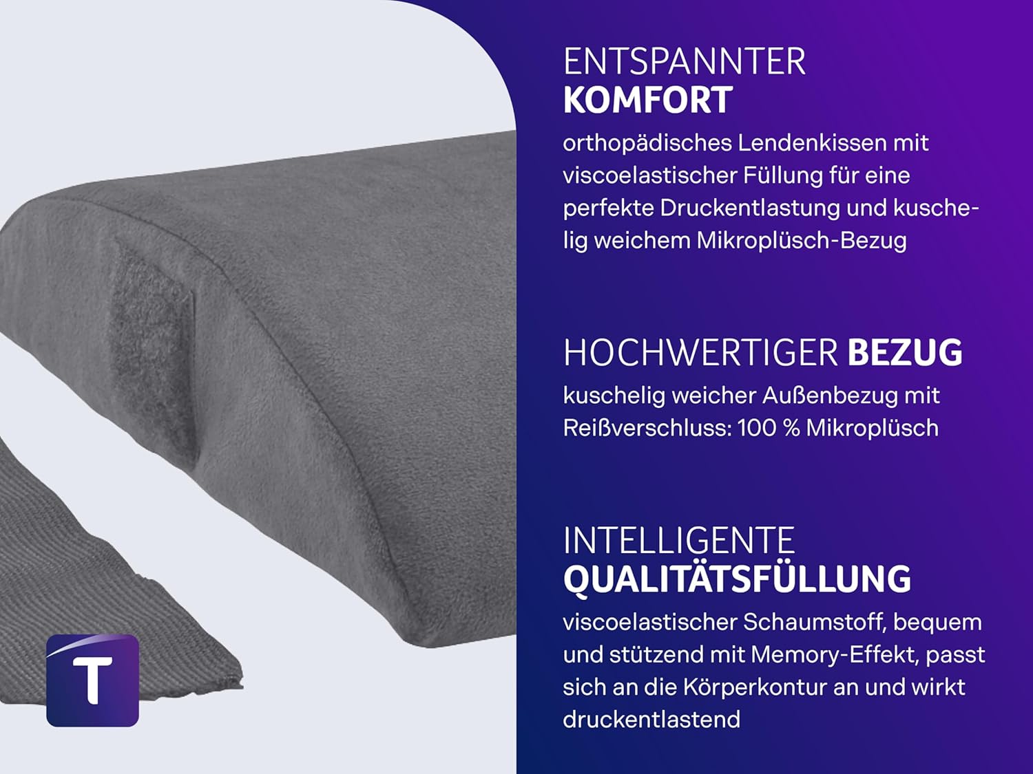 Traumnacht Orthopädisches Rücken-/Lendenkissen aus Visco mit viskoelastischem Schaumstoffkern und hautfreundlichem Mikroplüschbezug, Öko-Tex-zertifiziert, hergestellt nach deutschem Qualitätsstandard – Bild 3