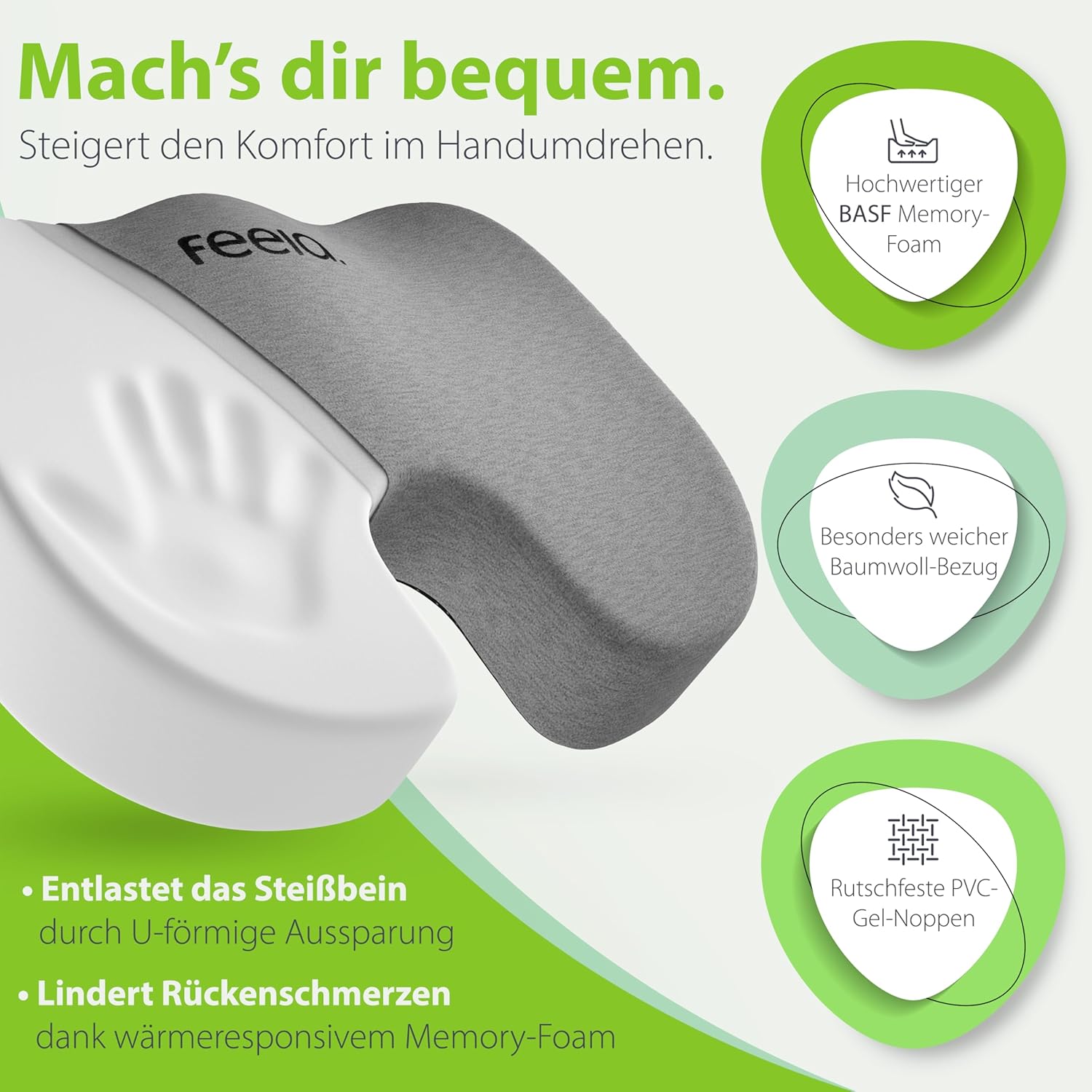 Feela.® Orthopädisches Sitzkissen, 3 Härtegrade, ergonomisches Sitzkissen für Bürostuhl etc., lindert Schmerzen, erhöht den Sitzkomfort, fördert die Durchblutung und entlastet das Steißbein, mittel – Bild 4
