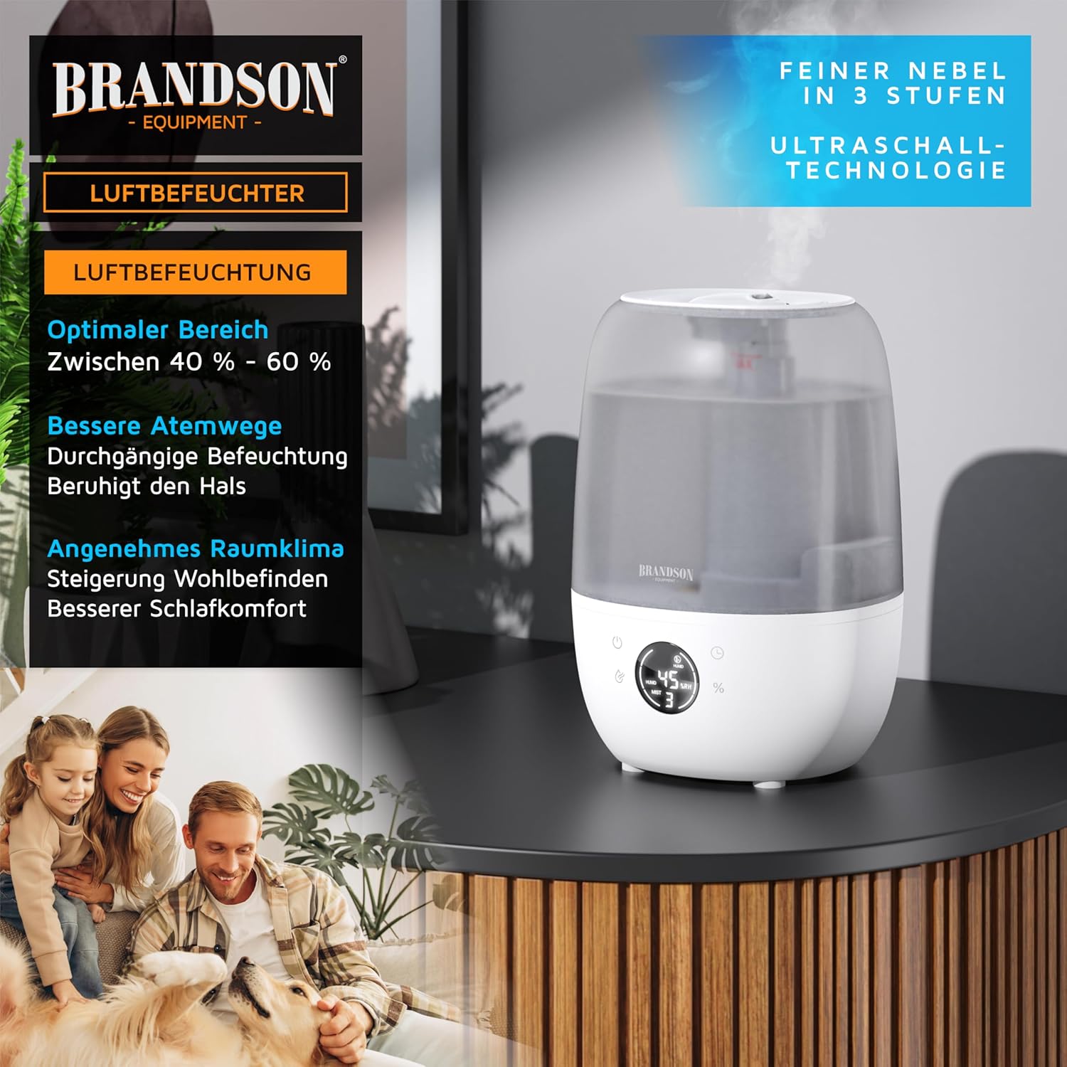 Brandson – Digitaler Luftbefeuchter mit Display – 2000 ml Volumen – Fernbedienung – 3 Nebelstufen – Timer – sehr leise – Schlafzimmer, Baby, Kinderzimmer, Büro – weißes, transparentes Design – Bild 6