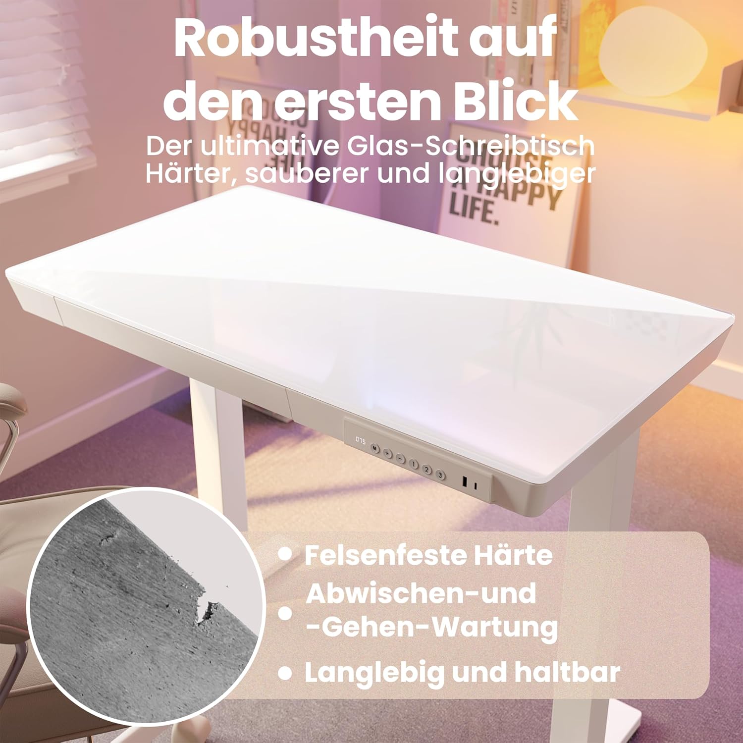 HUANUO 88 x 50 cm höhenverstellbarer Schreibtisch aus Glas mit Schublade, höhenverstellbarer Schreibtisch, ganze Tischplatte, USB-Ladeanschluss und 3 Speicherfunktionen, Weiß – Bild 7
