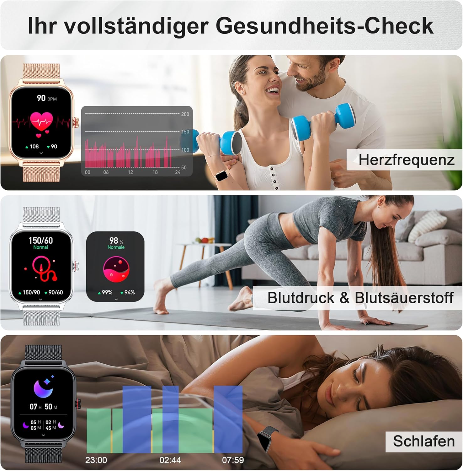 LODIMEKE Smartwatch Herren Damen Telefonfunktion Blutdruck Herzfrequenz Schlaf 1,96 Zoll AI Fitnessuhr 100+ Sportmodi, IP67 Wasserdicht Schrittzähler Wecker Rechner Visitenkarte iOS Android – Bild 3