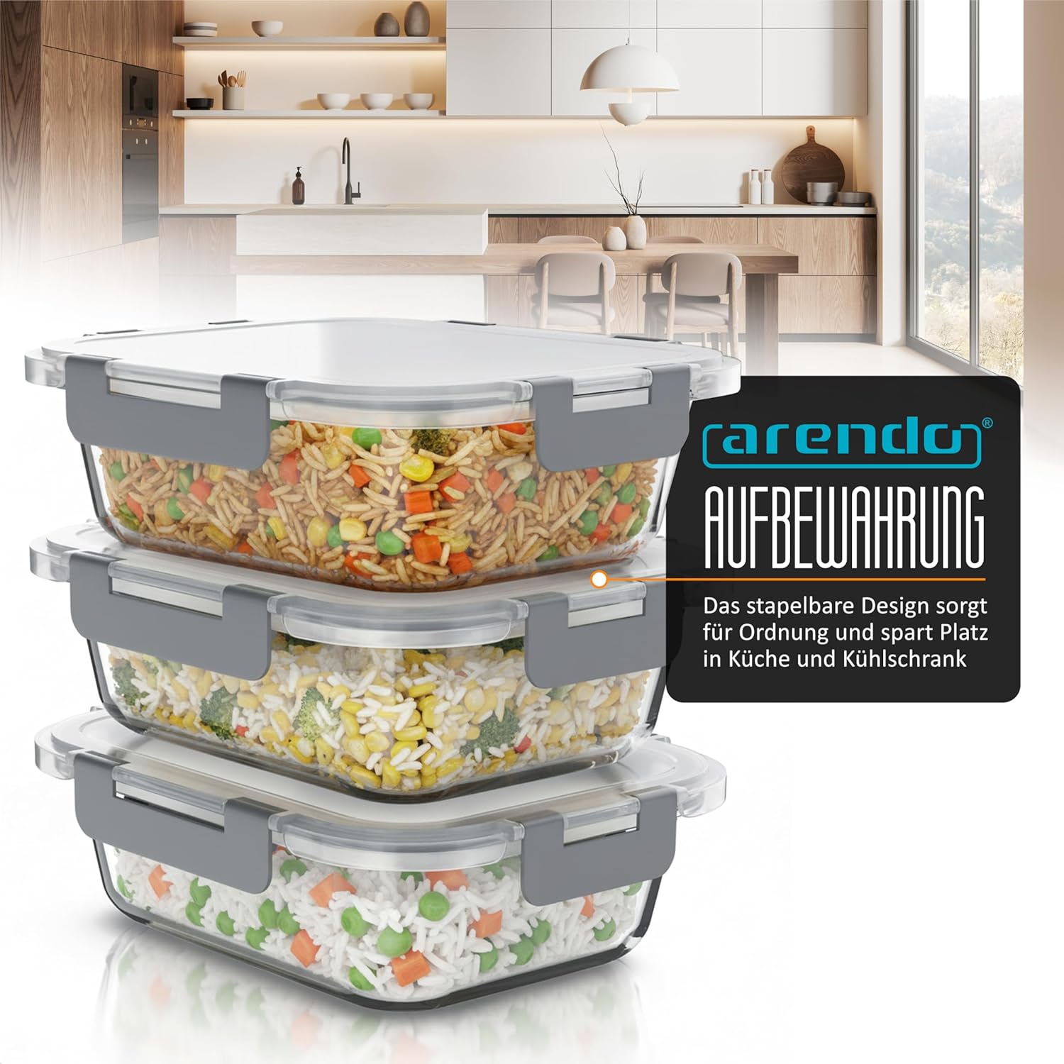 Arendo – Lunchboxen aus Glas – Frischhaltedosen mit luftdichtem Deckel – 3er-Set – 1000 ml – für Mikrowelle, Backofen, Gefrierschrank – spülmaschinenfest – Vorratsgläser, Meal-Prep-Boxen-Set – Bild 7