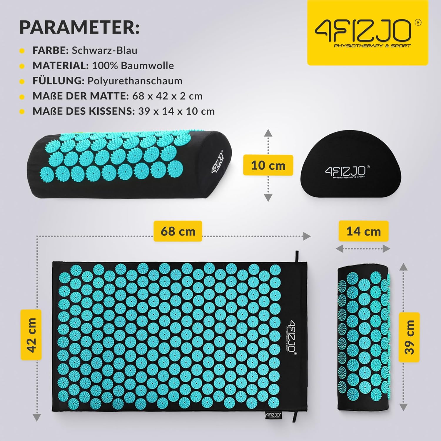 4FIZJO Akupressurmatte & Kissen, 68x42x2 cm, mit Tragetasche, Polyurethanschaum, Hypoallergen, 9618 Stacheln, Massagematte für bessere Durchblutung, Muskeln Entspannung, Farbe: Schwarz und Blau – Bild 2