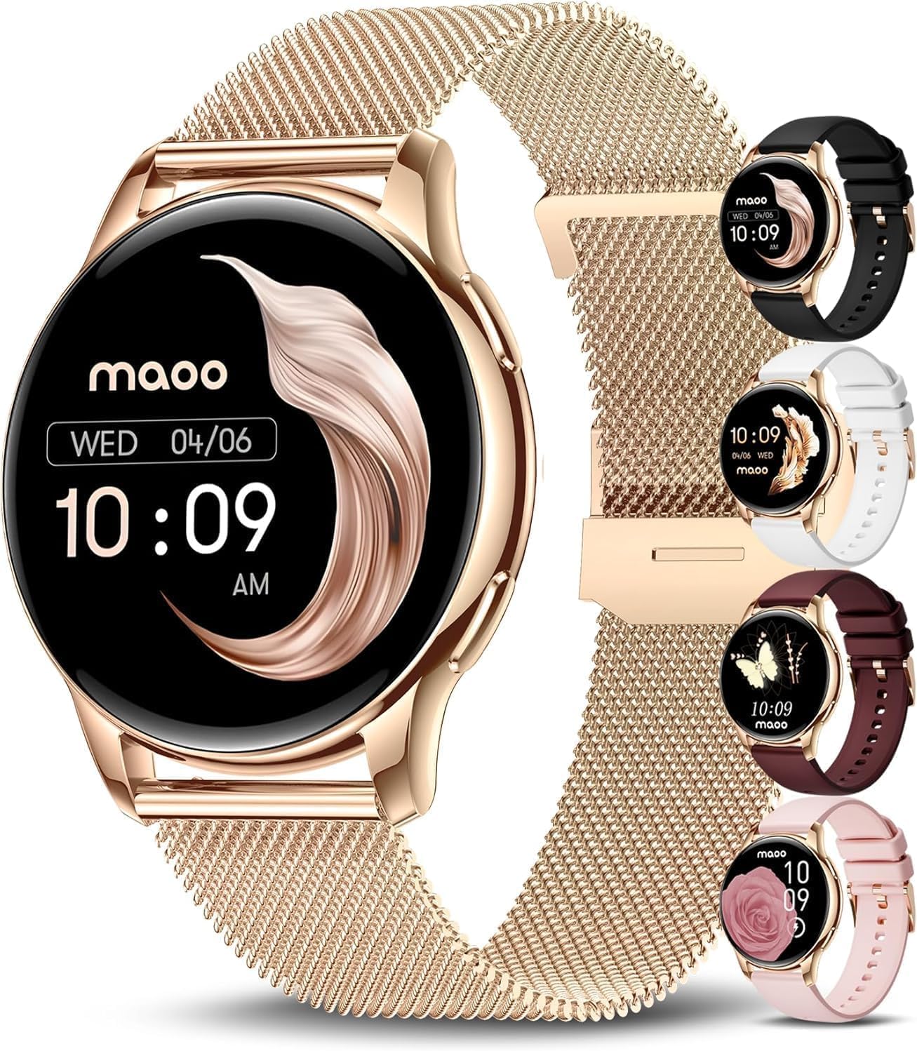 maoo Ventura Damen Smartwatch mit Anruffunktion, 1,32 Zoll AMOLED Display, Herzfrequenzmesser, SPO₂, Blutdruckmessgerät, 100+ Sportmodi, IP67 wasserdicht, inklusive 5 Armbändern (Roségold)