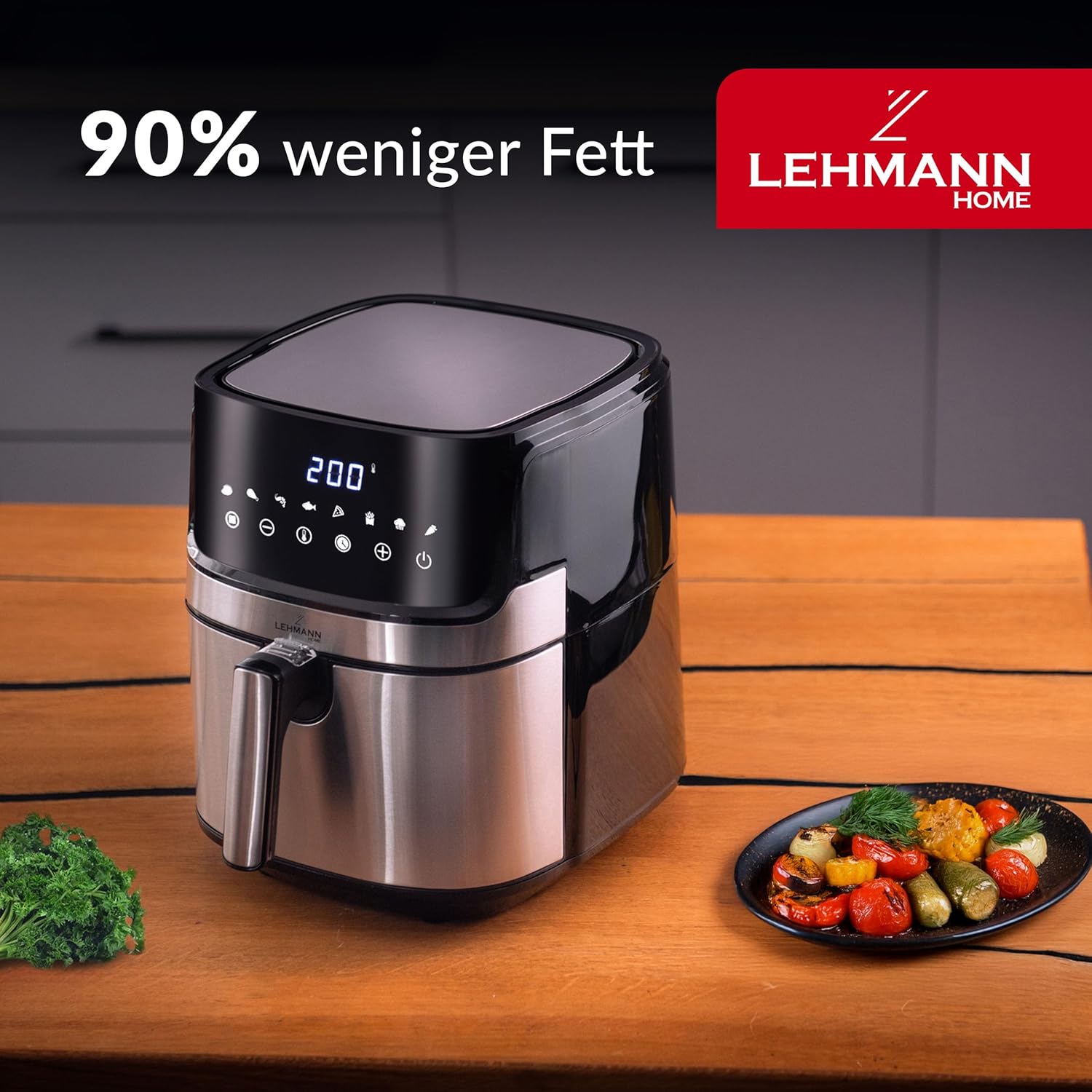 LEHMANN Heißluftfritteuse XL 6,5 l, 8 Programme, große Metallkammer, Digitalanzeige, Timer, Antihaftbeschichtung, spülmaschinenfester Korb, 80–200 °C, Heißluftfritteuse ohne Öl für die Familie – Bild 2