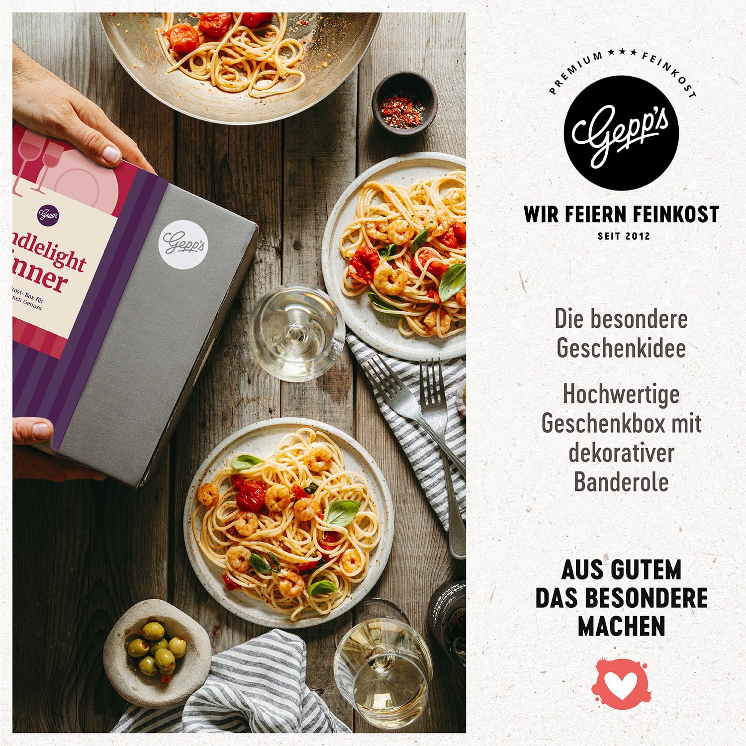 Gepp's Feinkost Candle Light Dinner Box I Romantisches Abendessen für Zwei mit spanischem Rotwein, Pasta in Herzform, Trüffelpesto und mehr I Gourmet-Geschenkset – Bild 3