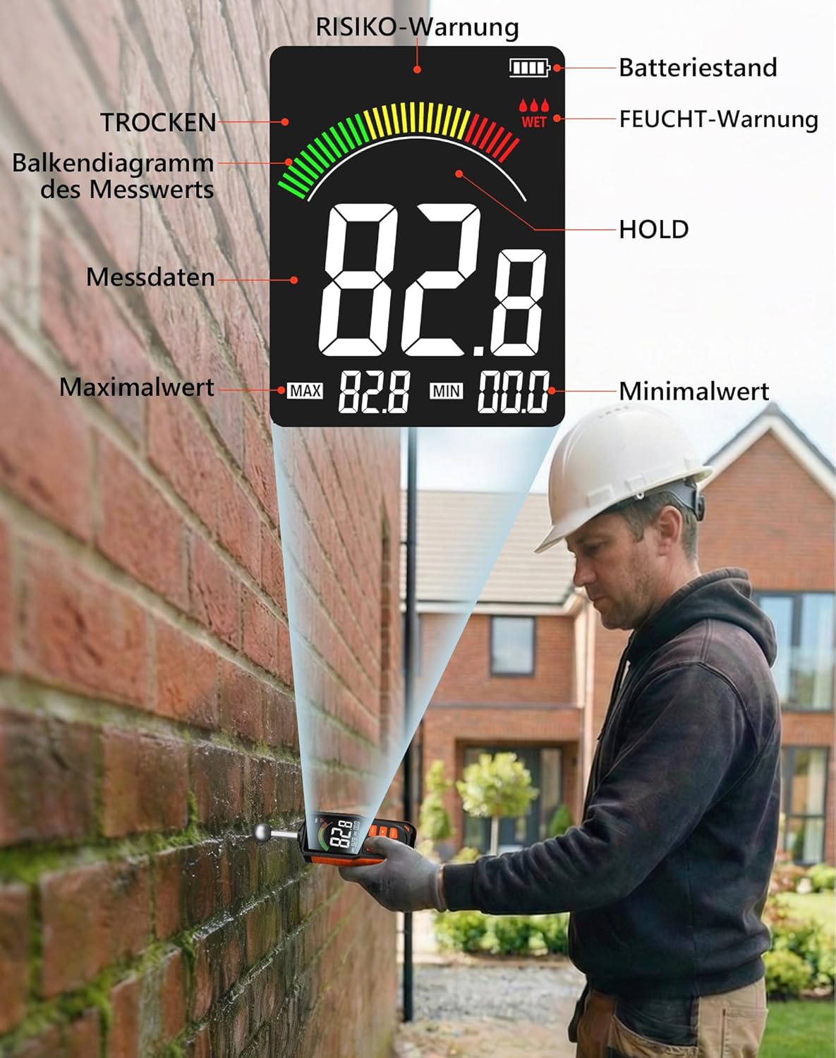 Feuchtigkeitsmesser für Wand und Holz, zerstörungsfreies Feuchtigkeitsmessgerät mit Kugelsensor, 40 mm Tiefenscan, wiederaufladbarer USB-C-LCD-Farbbildschirm-Feuchtigkeitsmesser für Beton, Estrich, Wohnmobil-Inspektion – Bild 4
