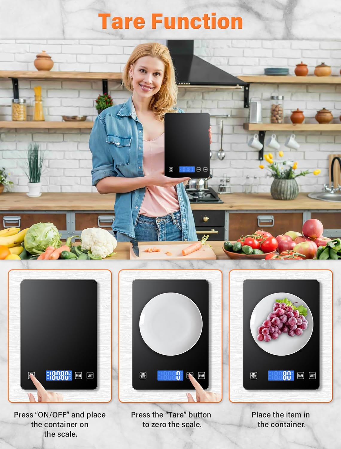 15 kg Küchenwaage, wiederaufladbare digitale Küchenwaage, Lebensmittelwaage aus Glas mit LCD-Display, Tara-Funktion, 5 Einheiten, Batterien im Lieferumfang enthalten – Bild 4