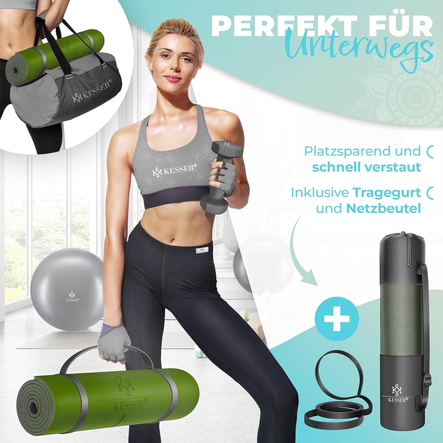 Kesser® Gymnastikmatte mit Tragegurt, rutschfeste TPE-Yogamatte, gepolsterte und rutschfeste Fitnessmatte, 183 x 61 cm, Trainingsmatte für Fitness, Sport, Pilates und Gymnastik-Workout, extra dick – Bild 4
