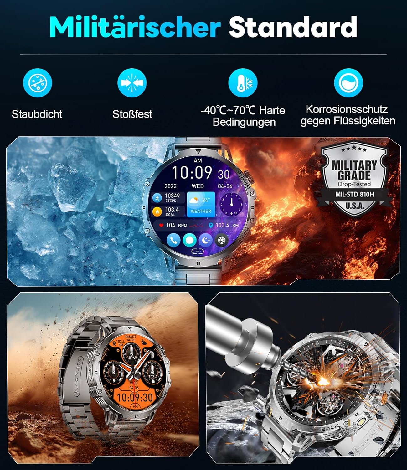 LIGE Military Smartwatch Herren – 1000 mAh/1,85 Zoll HD großer Touchscreen/LED-Licht, Fitnessuhr mit 110+ Sportmodi, Herz-/Schlaf-Tracking, 2 Armbänder, IP68 wasserdicht, Sportuhr für iOS/Android, Schwarz – Bild 7