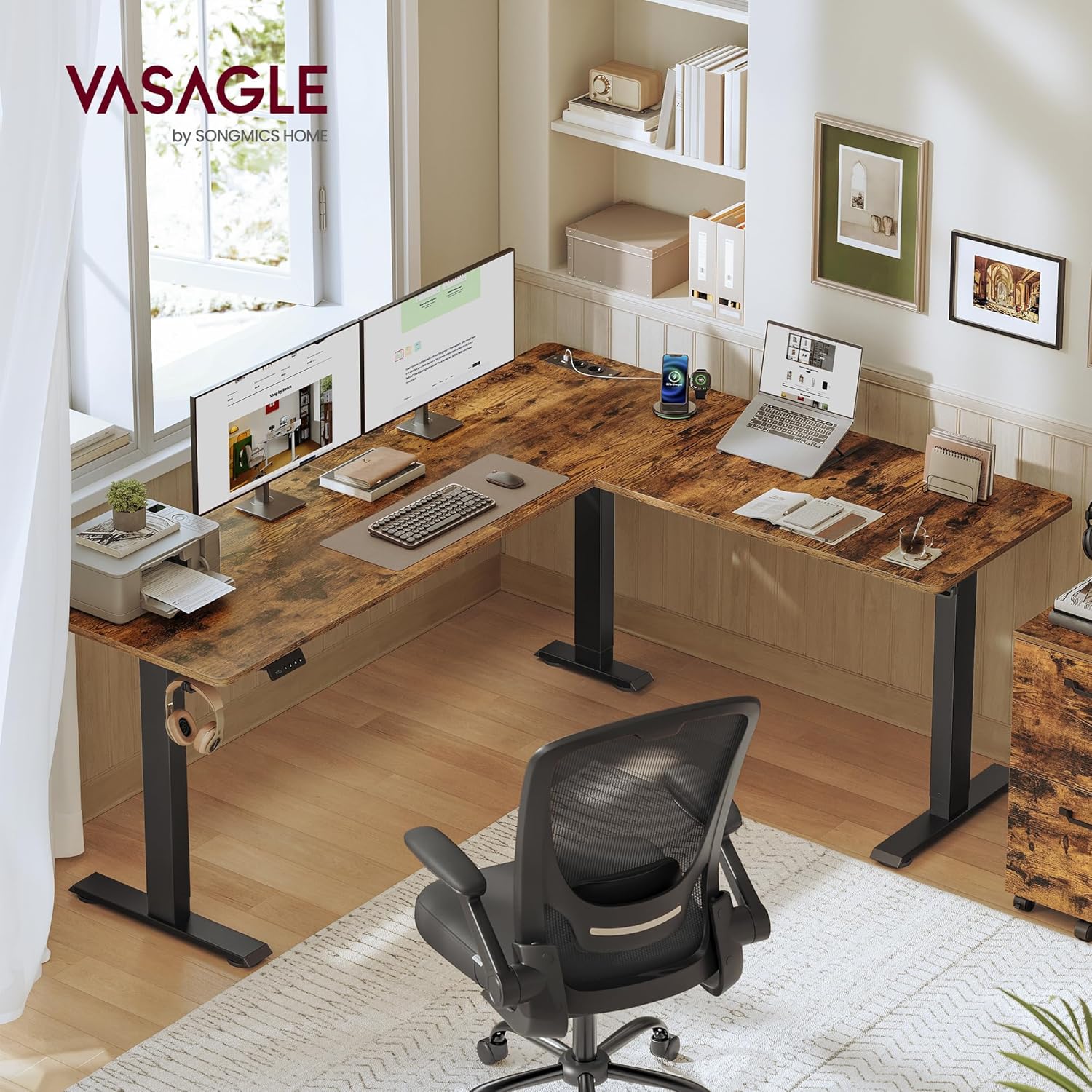 VASAGLE Höhenverstellbarer Schreibtisch, 190 x 155 cm, L-förmiger Eckschreibtisch, Stehpult, 2 AC-Steckdosen, 2 USB-A-Anschlüsse, Steckdosenleistenablage, für Büro, Vintage-Braun LSD295KD01 – Bild 2